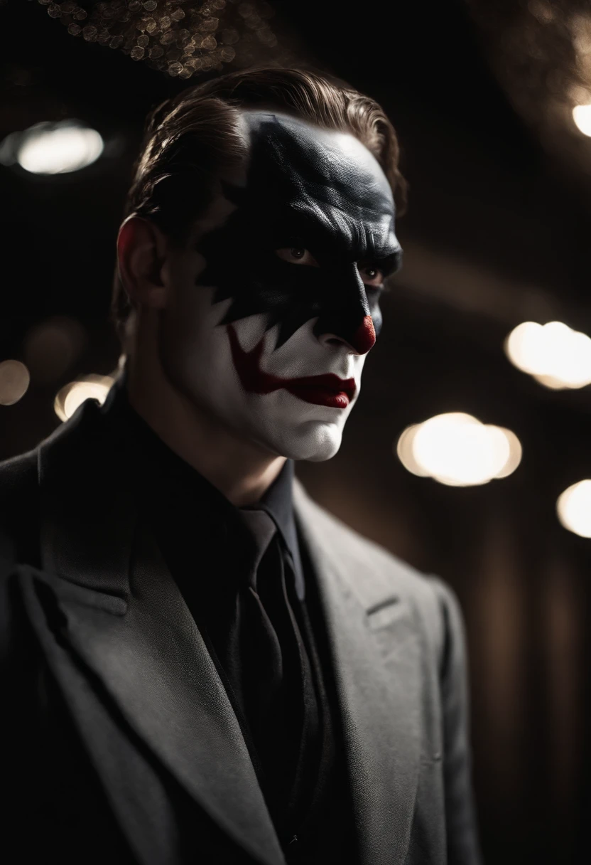 O Coringa (best quality,fotorrealista),(Escuro,pressentimento) Man,olhos negros detalhados,longos cabelos pretos que lembram a noite,pale skin,Visible dark circles,corpo atletico, mas coberto de cicatrizes,Atmosfera sinistra,gothic aesthetic,nightmare appearance,olhar intenso,Aura misteriosa, postura sinuosa e tensa,dramatic shadows and lighting,vivid contrast between light and dark,hint of danger,atmosfera encantada