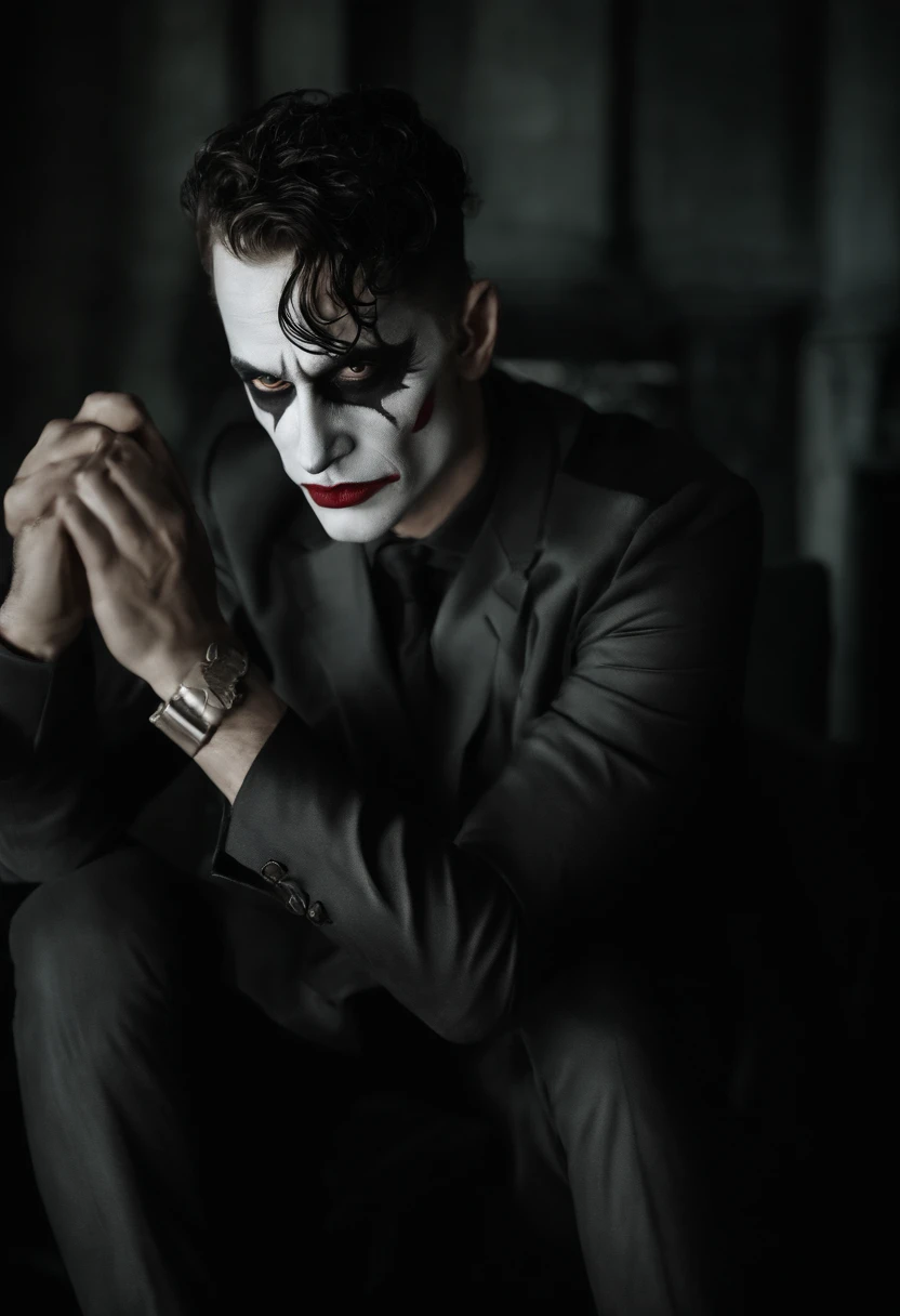 O Coringa (best quality,fotorrealista),(Escuro,pressentimento) Man,olhos negros detalhados,longos cabelos pretos que lembram a noite,pale skin,Visible dark circles,corpo atletico, mas coberto de cicatrizes,Atmosfera sinistra,gothic aesthetic,nightmare appearance,olhar intenso,Aura misteriosa, postura sinuosa e tensa,dramatic shadows and lighting,vivid contrast between light and dark,hint of danger,atmosfera encantada