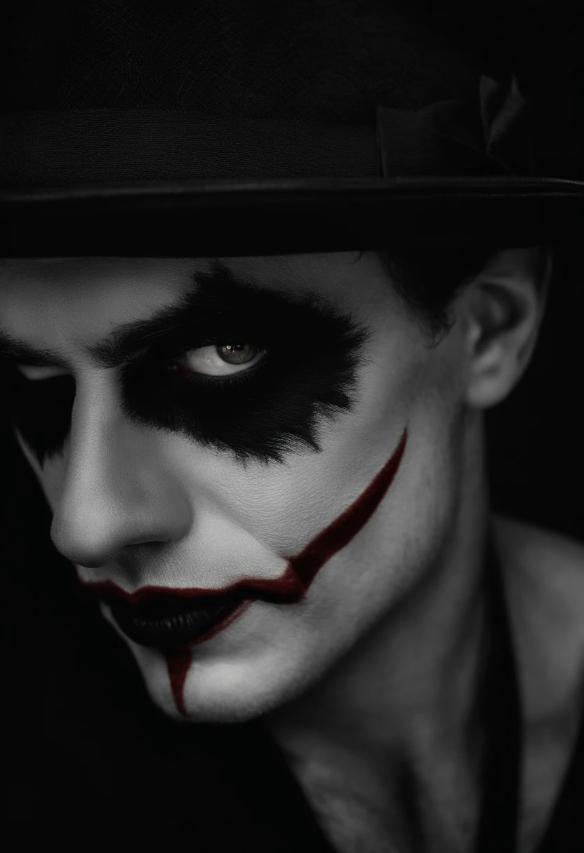 O Coringa (best quality,fotorrealista),(Escuro,pressentimento) Man,olhos negros detalhados,longos cabelos pretos que lembram a noite,pale skin,Visible dark circles,corpo atletico, mas coberto de cicatrizes,Atmosfera sinistra,gothic aesthetic,nightmare appearance,olhar intenso,Aura misteriosa, postura sinuosa e tensa,dramatic shadows and lighting,vivid contrast between light and dark,hint of danger,atmosfera encantada