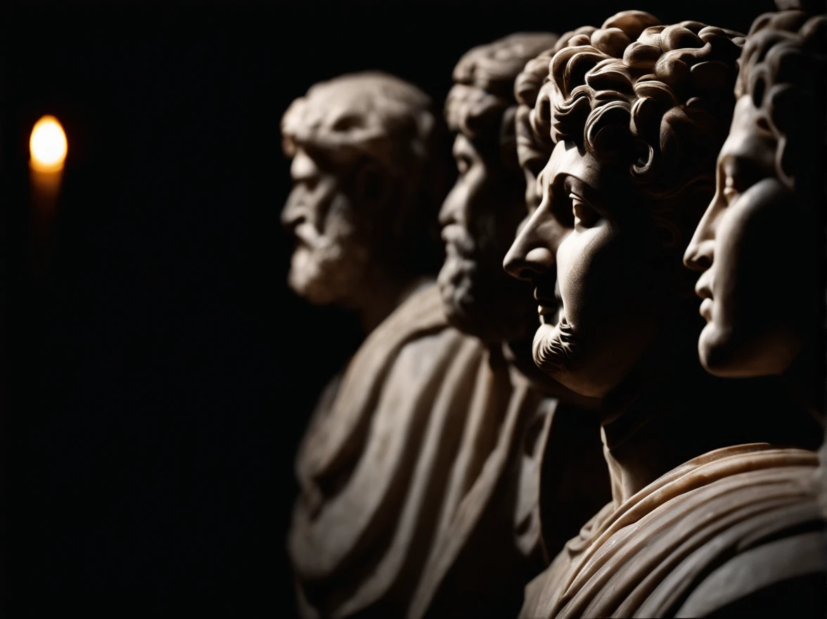 A close-up of a marble sculpture of ancient philosopher statues , illuminated by a single spotlight against a black background.