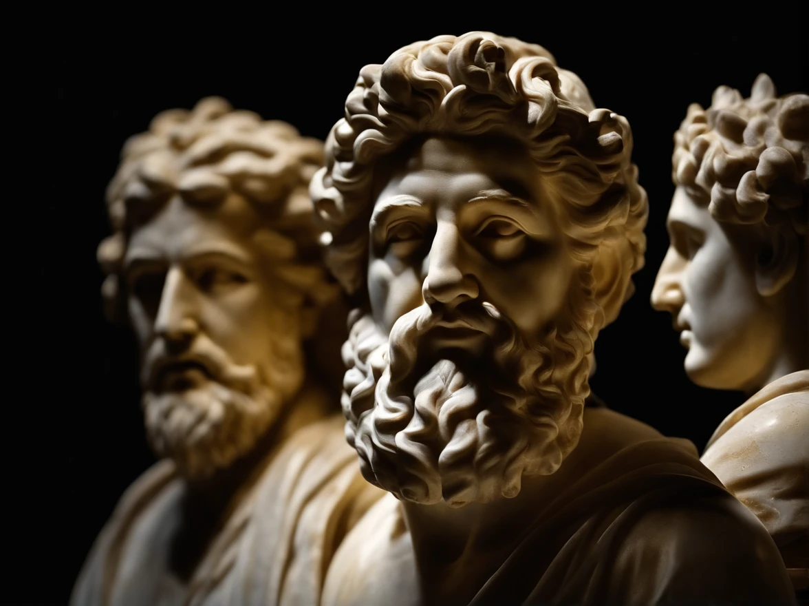 A close-up of a marble sculpture of ancient philosopher statues , illuminated by a single spotlight against a black background.