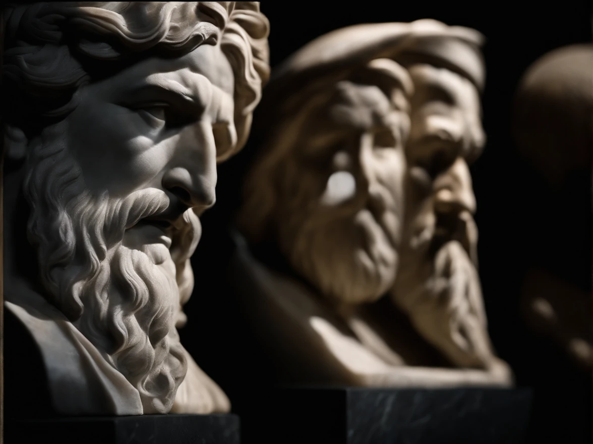 A close-up of a marble sculpture of ancient philosopher statues , illuminated by a single spotlight against a black background.