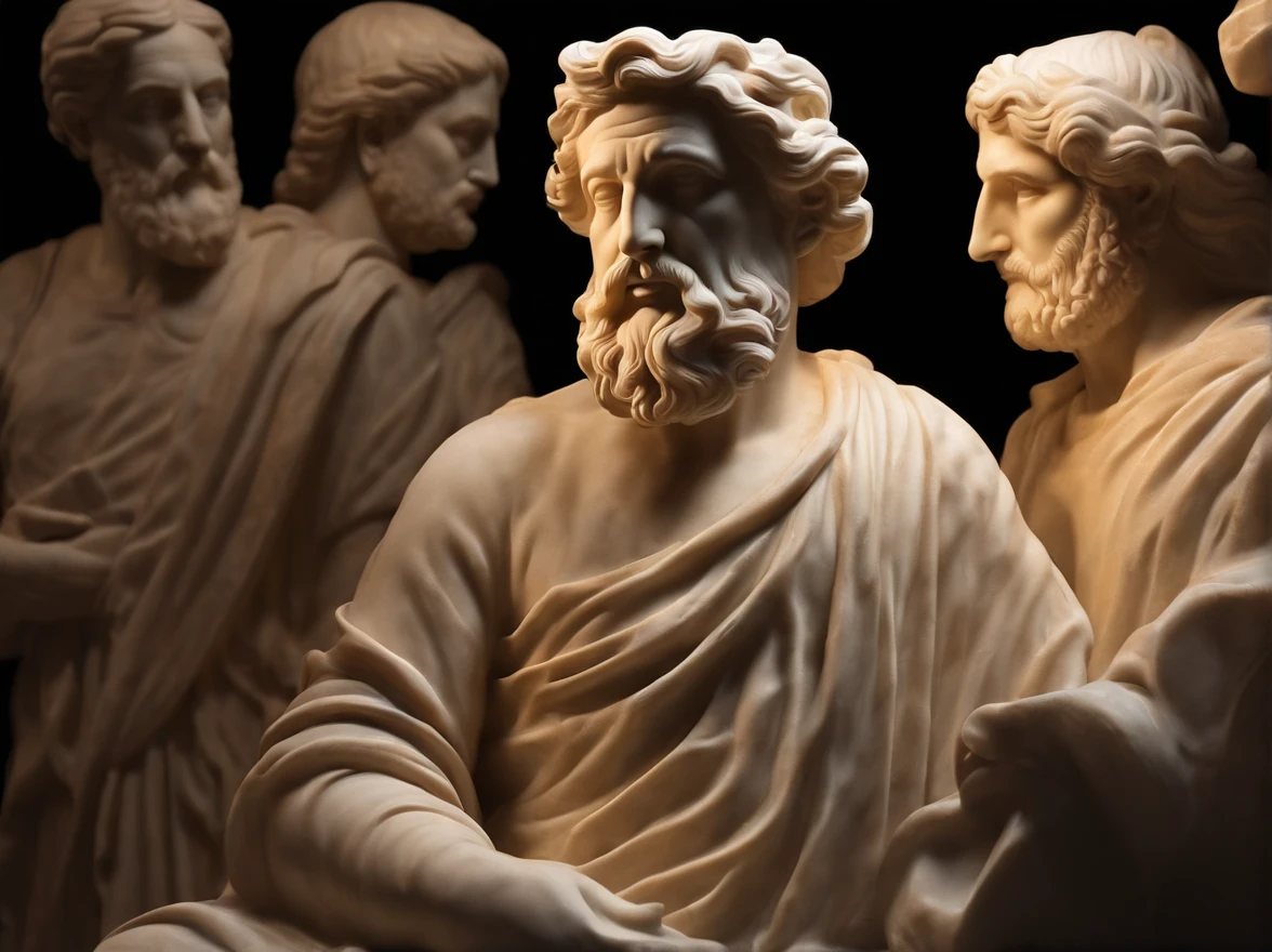 A close-up of a marble sculpture of ancient philosopher statues , illuminated by a single spotlight against a black background.