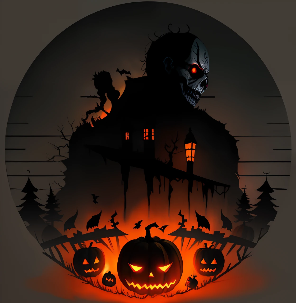 Image of a spooky Halloween scene with a house and pumpkins, estilo de arte de halloween, criaturas assustadoras no fundo, haunted house themed, arte detalhada assustadora em cores, scary magical background, noite assustadora, horror illustration, arte de terror elegante, nightmarish illustration, cena de halloween, tema halloween, assustador e escuro, atmosfera assustadora e assustadora, Noite de Halloween, Atmosfera de Halloween