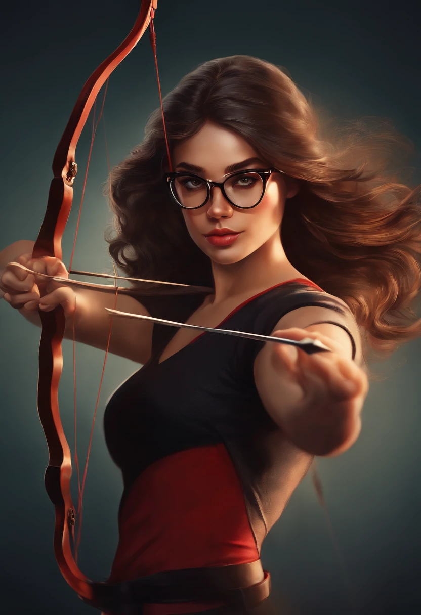 Jovem mulher adolescente, com cabelos pretos, cabelos longos, wearing red glasses , Wearing a black t-shirt and with a bow and arrow in his hands. The illustration is in high definition in 4k resolution, com recursos faciais altamente detalhados e visuais em estilo cartoon