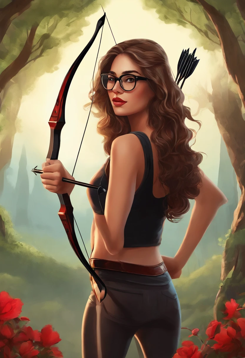 Jovem mulher adolescente, com cabelos pretos, cabelos longos, wearing red glasses , Wearing a black t-shirt and with a bow and arrow in his hands. The illustration is in high definition in 4k resolution, com recursos faciais altamente detalhados e visuais em estilo cartoon