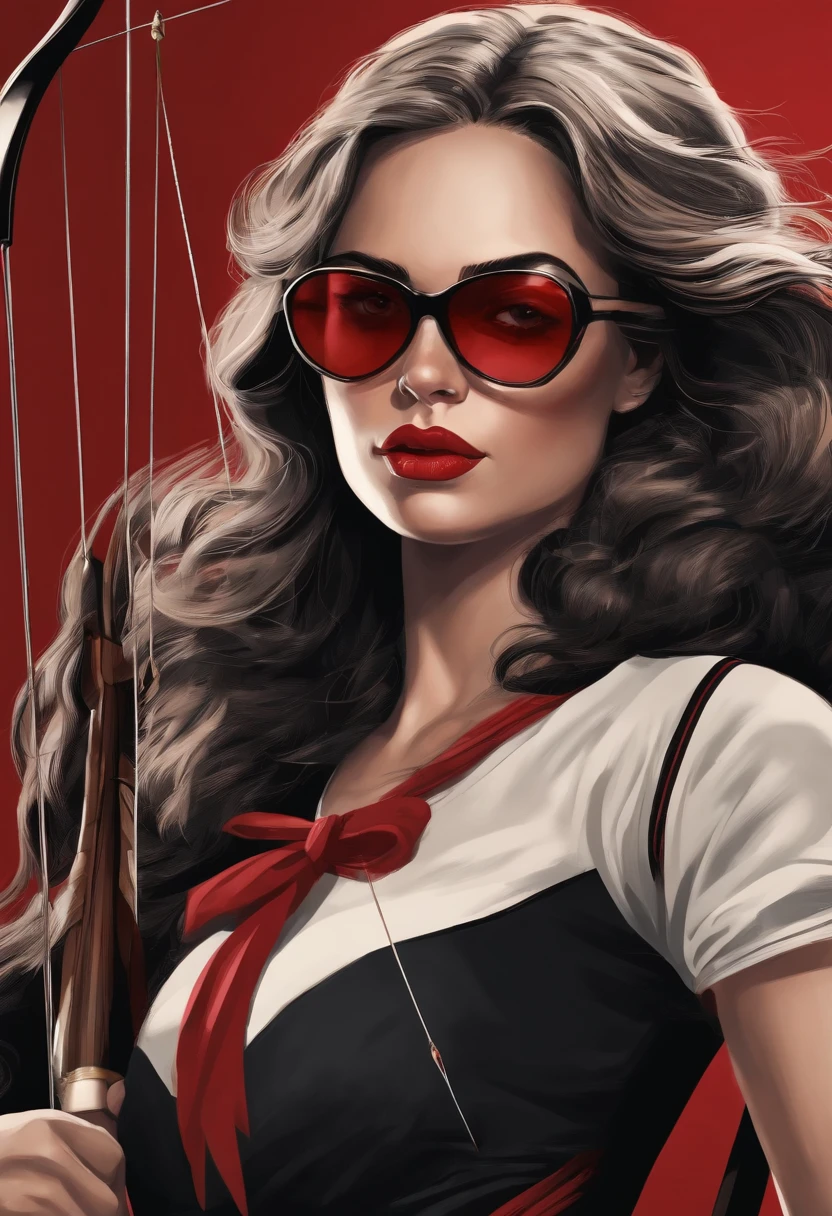Jovem mulher adolescente, com cabelos pretos, cabelos longos, wearing red glasses , Wearing a black t-shirt and with a bow and arrow in his hands. The illustration is in high definition in 4k resolution, com recursos faciais altamente detalhados e visuais em estilo cartoon