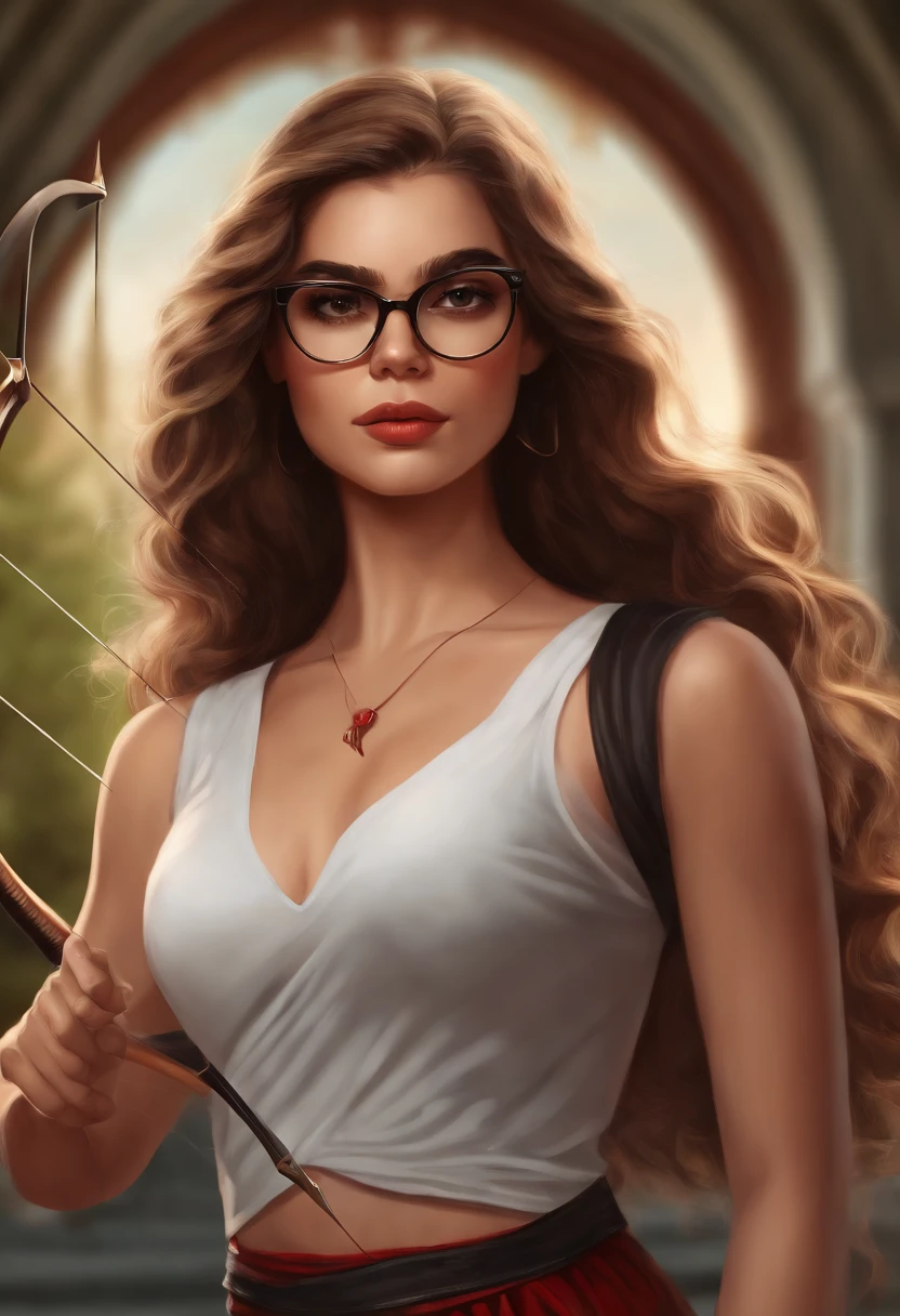 Jovem mulher adolescente, com cabelos pretos, cabelos longos, wearing red glasses , Wearing a black t-shirt and with a bow and arrow in his hands. The illustration is in high definition in 4k resolution, com recursos faciais altamente detalhados e visuais em estilo cartoon