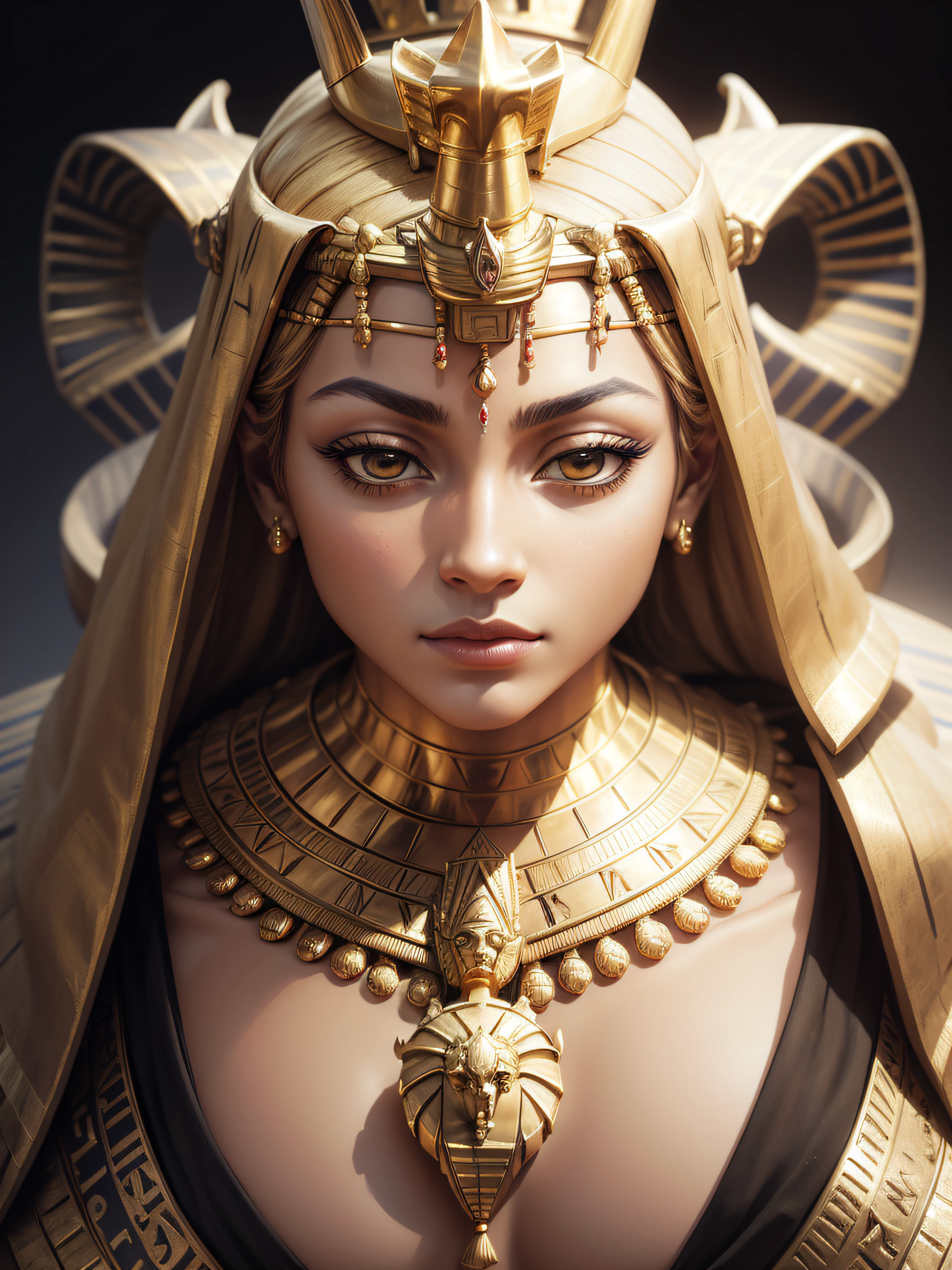 a close up of a gold statue of a woman with a crown, egyptian mummy king, egyptian, egypt god, pharaoh, sculpture made of gold, wearing an egyptian crown, egypt themed art, pharoah, portrait of emperor of mankind, egyptian god, cleopatra portrait, ancient egyptian, the egyptian god, egyptian art, gold armour and crown, 4 k detail, 4k detail