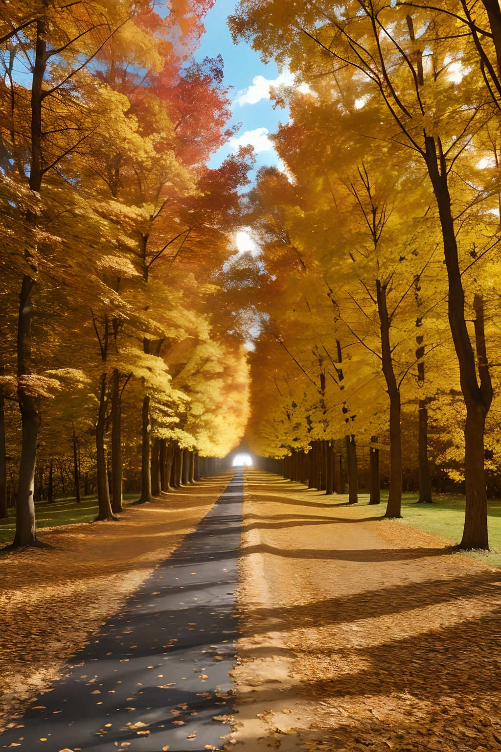 Golden autumn walk in tunnel, stunning, breathtaking, a sense of magic in the air, highly detailed, photography, photorealistic, soft pastel colours, highly detailed, intricate, path tracing, illustration, insanely detailed, shadow mapping volumetric light, specular lighting, diffused lighting