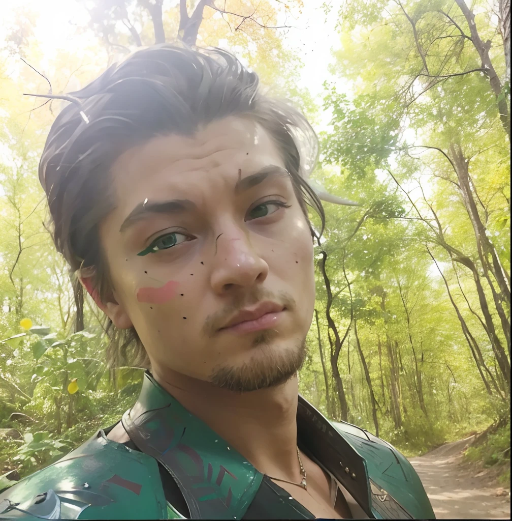 Young Viking warrior facial tattoos standing in a magic forest