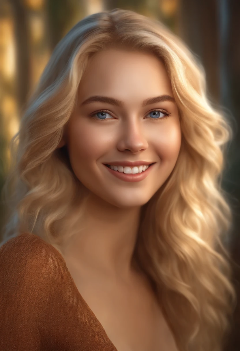 close-up head, facing camera, realistic digital painting portrait of a young woman, cute smile, wavy blonde hair, very detailed skin, global illumination, art by hoang lap and fuji hoko and artgerm and greg rutkowski and viktoria gavrilenko
