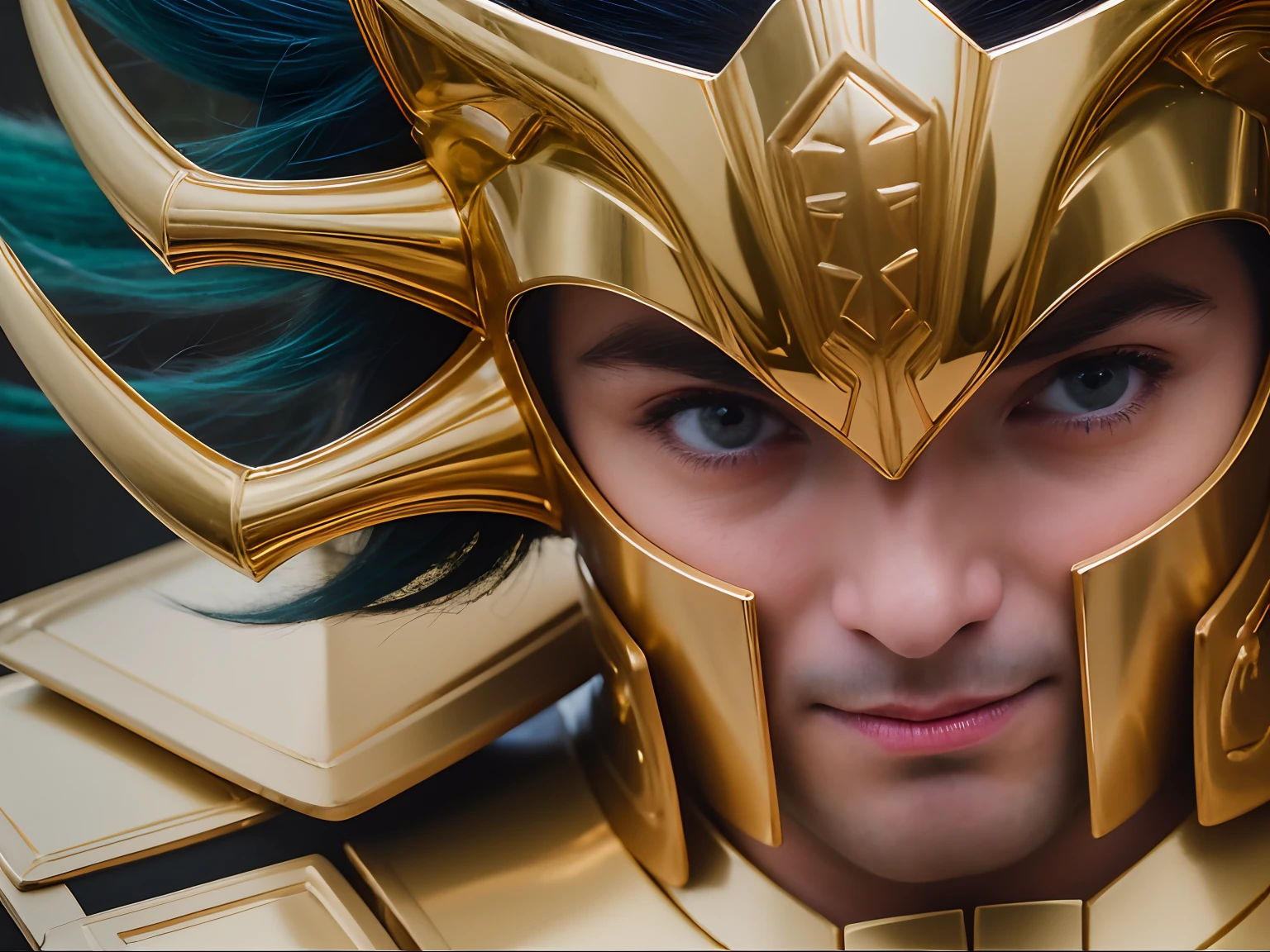 Cinematic stunningly detailed and ultra-realistic Cancer Mask of Death of Saint Seiya. Close up. 1italian man.He is waring pretty realistic golden armor. Bright golden armor. The helm has golden crab appendages. Octane is the perfect tool to capture the softest details of this 16k photography masterpiece. He an Italian man about 40 years old. Big nose. Detailed face. (Pretty big blue eyes).((Evil looking)). ((Cruel smile)). ((Shaved)). ((madness)). He has shot messy blue hair. He is staring his enemy.
