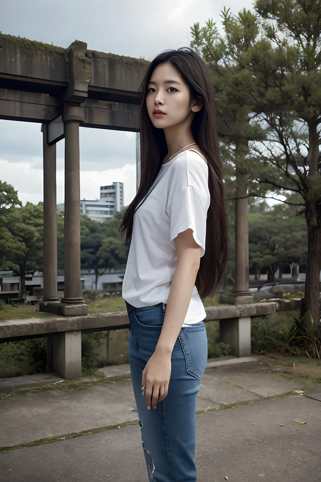 master piece、best quality、high resolution、ultra-detailed、A Japanese Lady, look at viewr, Long hair, Shirt, jeans, cloud, day, skyporn,Outdoors, Post-apocalypse, Ruins, Scenery, tree, Water,