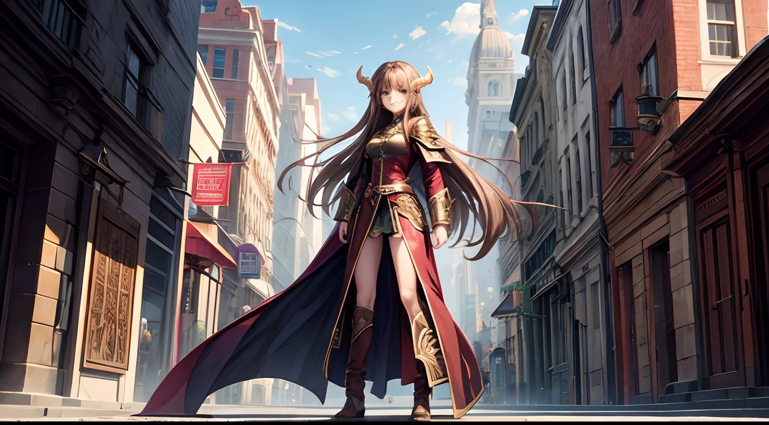 female, dragonkin, young adult, light brown hair, long straight hair, dark mage, city, full body