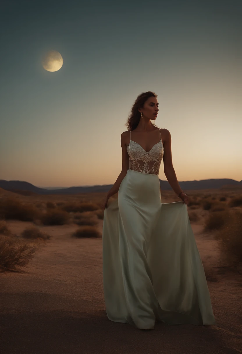 Um jovem de cabelos brancos, alto, corpo inteiro, corpo definido, tem um brilho brilhante ao seu redor. Usa uma roupa branca, with various symbols, looking in front of the camera, perfect composition, enigmatic gaze, It's standing on a highway in the desert, noite escura, A moon and a greenish planet in the sky, Montanhas ao fundo, Beautiful Intricate Intricate Detailed Rendering Detailed Octane Rendering Trend in ArtStation, 8k artistic photography, arte conceitual fotorrealista, Soft natural volumetric perfect light, Chiaroscuro, award-winning photography, master part, oil on the canvas, Raphael, Caravaggio, Greg Rutkowski, bipe, Beksinski, Giger