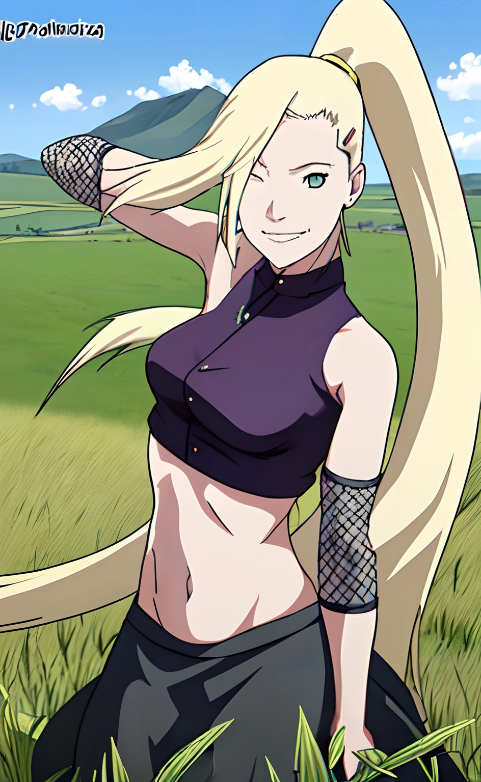 a woman in a grass plain with long hair wearing a top, breasts, smile, blue eyes, skirt, blonde hair, hair ornament, navel, bare shoulders, very long hair, ponytail, sleeveless, hairclip, midriff, black skirt, stomach, twitter username, hair over one eye, crop top, high ponytail, fishnets, arm behind back