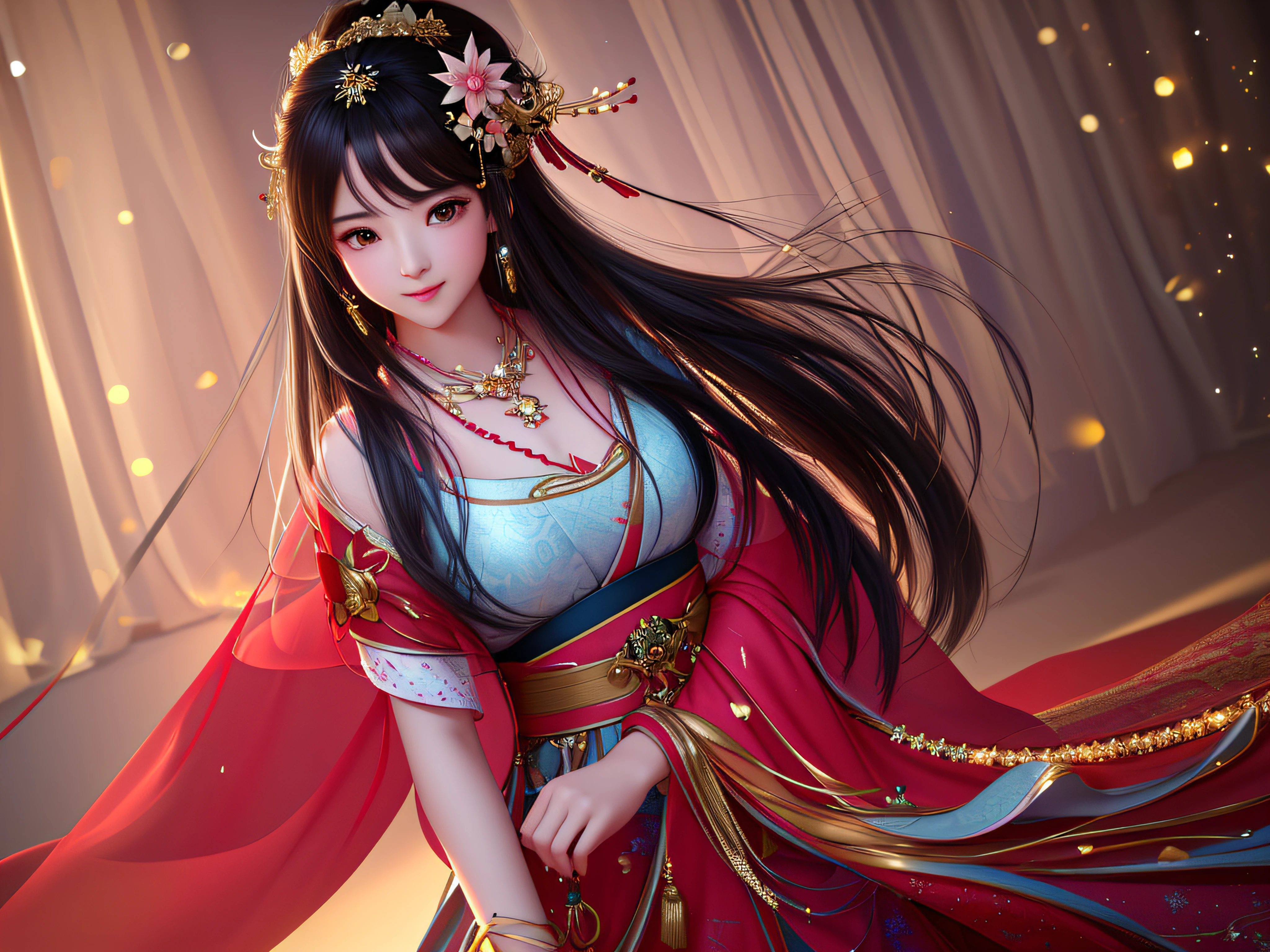best quality, masterpiece, highres, 1girl,blush,(seductive smile:0.8),star-shaped pupils,china hanfu,hair ornament,necklace, jewelry,Beautiful face,upon_body, tyndall effect,photorealistic, dark studio, rim lighting, two tone lighting,(high detailed skin:1.2), 8k uhd, dslr, soft lighting, high quality, volumetric lighting, candid, Photograph, high resolution, 4k, 8k, Bokeh