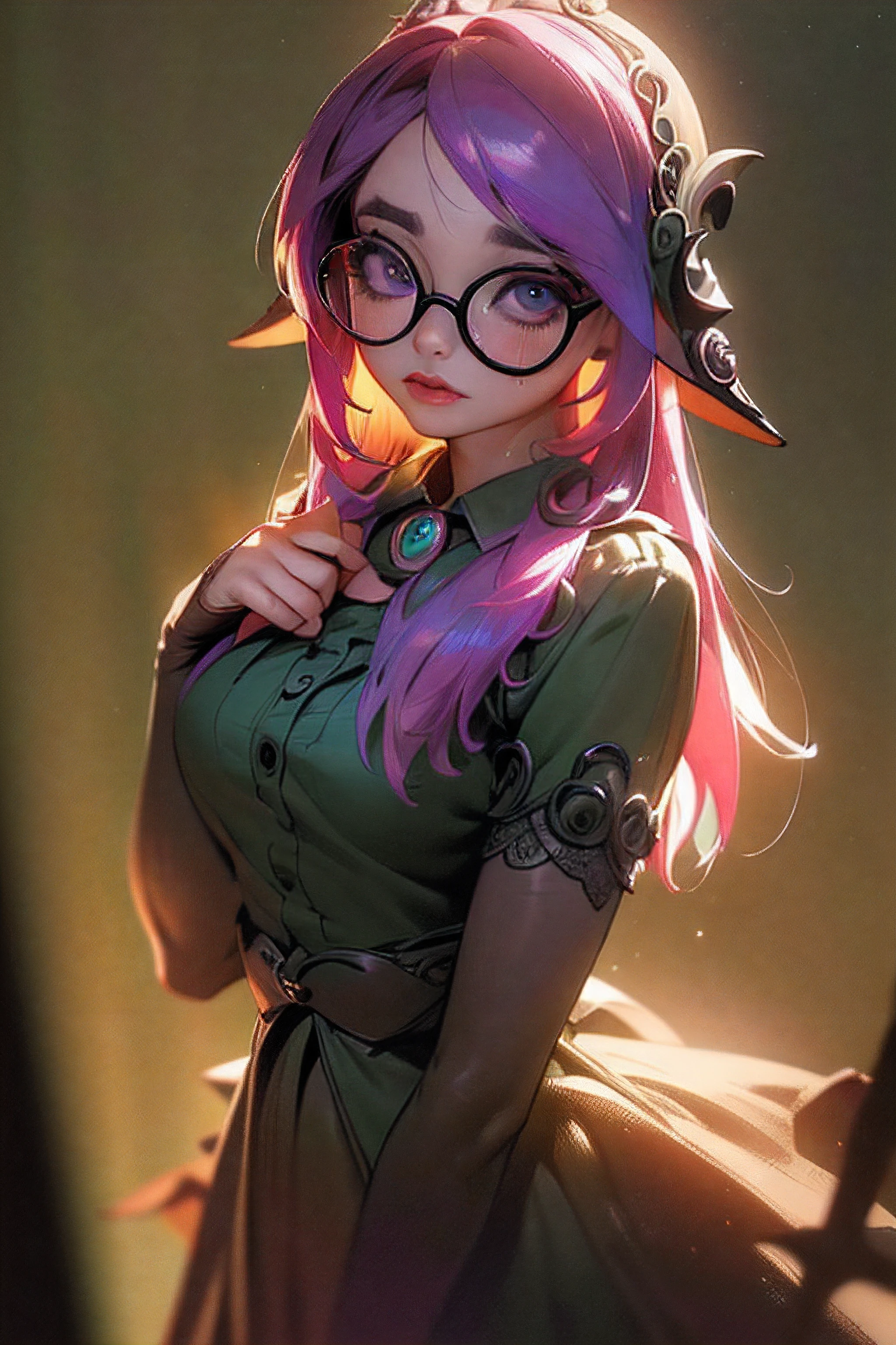 (uma garota nerd,Lolita,lo gothic,With eye Glasses,vestindo saia e camisa social),illustratio,(best quality,4k,8k,alto,master part:1.2),ultra-detalhado,(Realistic,fotorrealista,photo-realistic:1.37),cores vibrantes,soft lighting