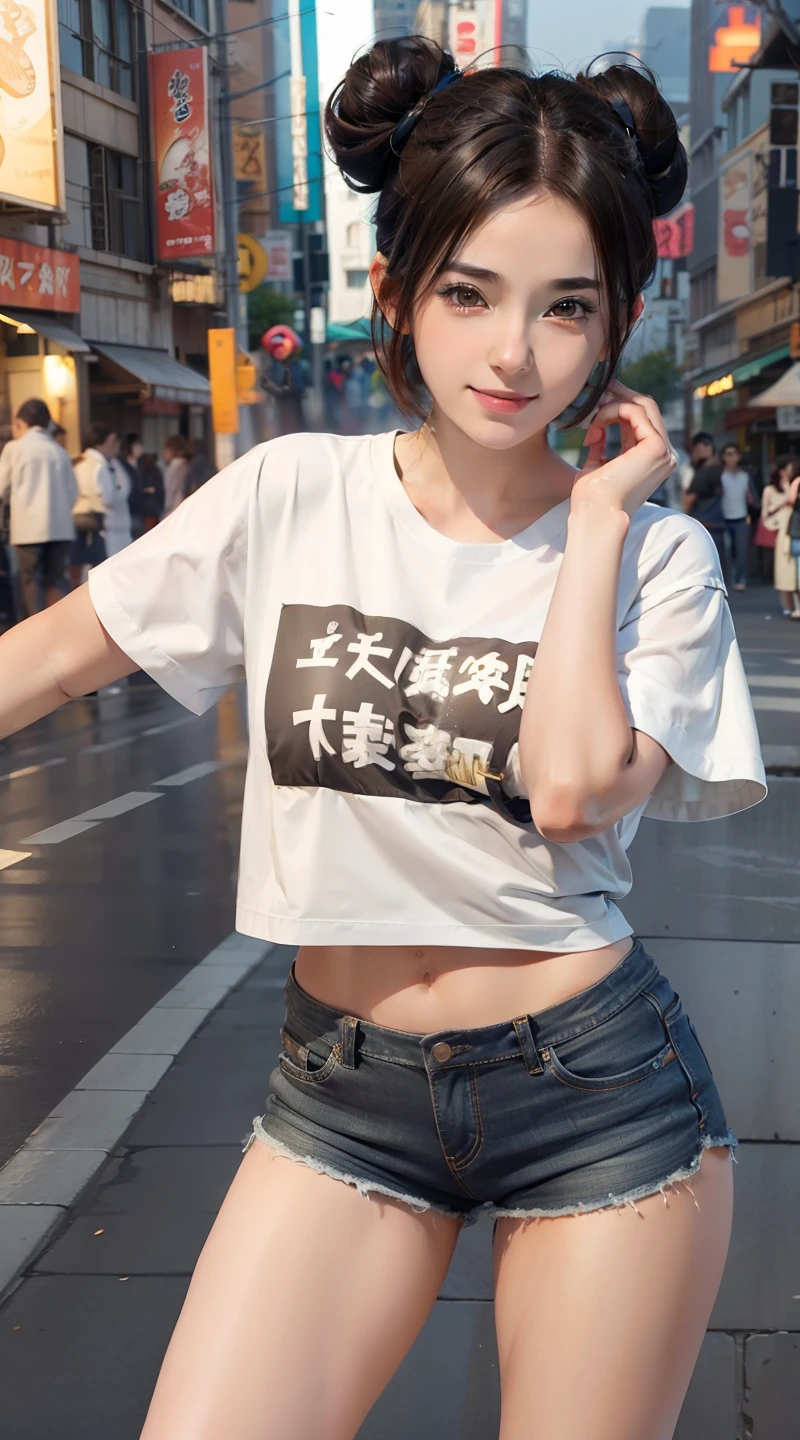 1girl, tenten in anime naruto, short hair, brown hair, brown eyes, smile, beautiful, sexy dress, sexy clothes, white clothes, very big breast, realistic clothes, detail clothes, outdoor background, ultra detail, realistic