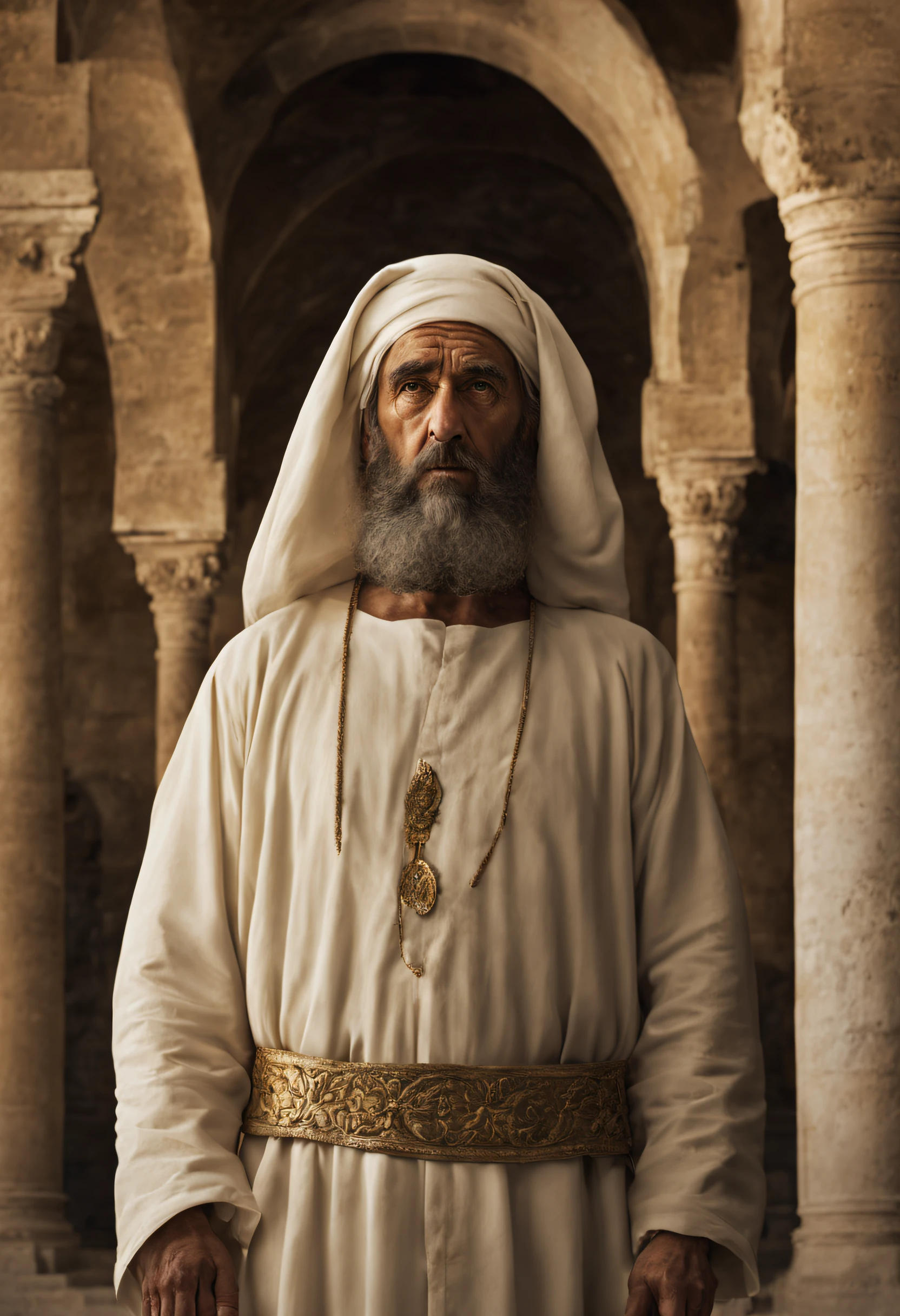 Papa Zacarias I: Rosto realista, Man with firm expression, cabelo calvo em cima, with nothing on her head, serious looking, olhar penetrante, alta resolução, detalhes perfeitos, olhos e rosto detalhados, Standing in Old Jerusalem, dirt floor, Tall Marble Columns, altar ornamentado, Atmosfera santa, soft lighting.