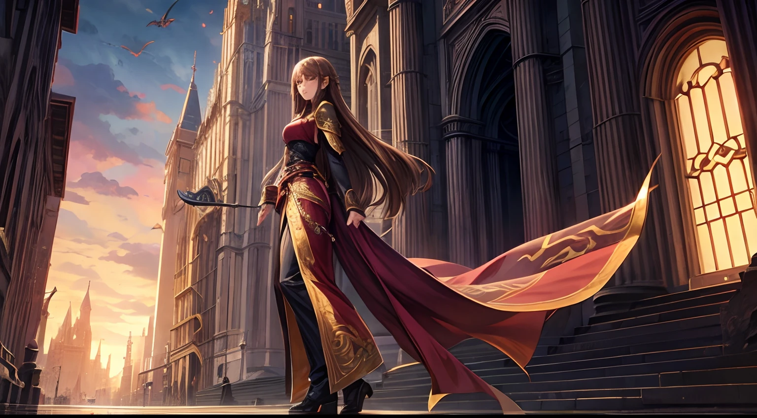 female, dragonkin, young adult, light brown hair, long straight hair, dark mage, city, full body, high detail face