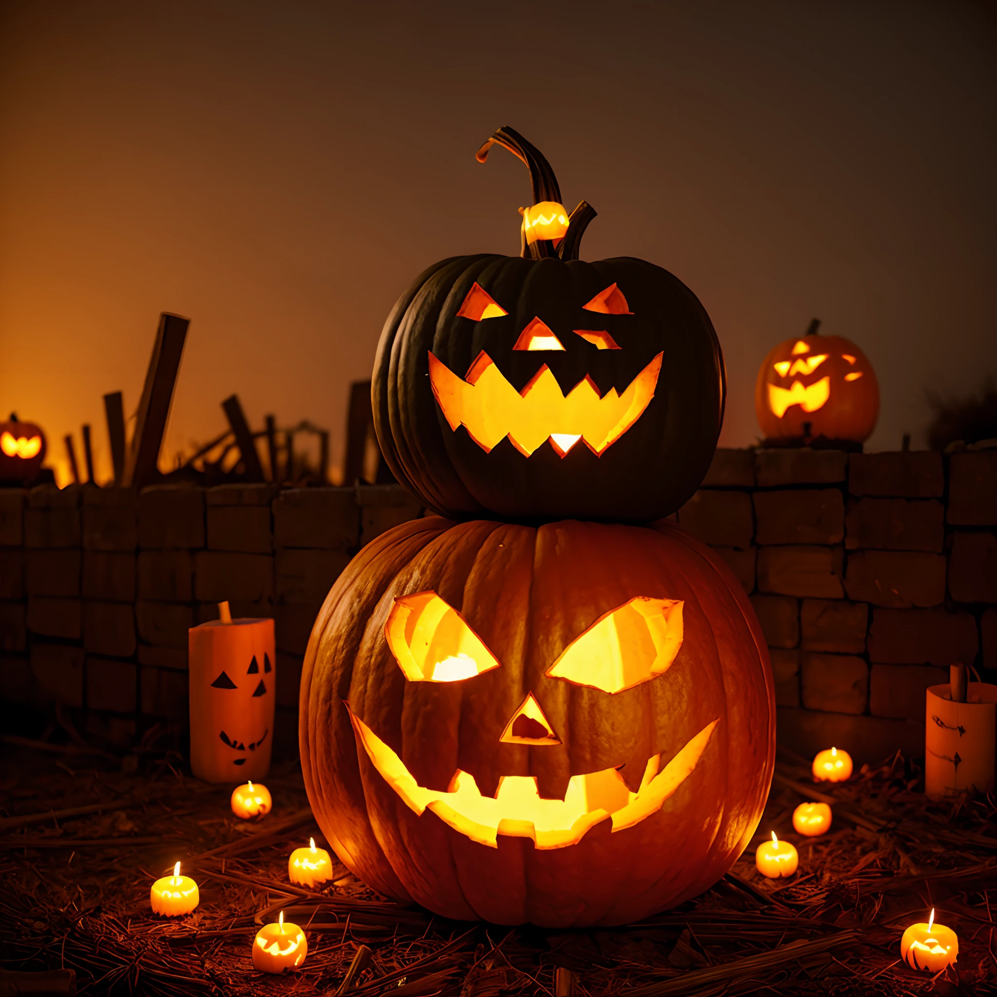 Create a large halloween pumpkin in a halloween environments lit with candles and spider webs around the environment, e morcegos, imagem em 4k