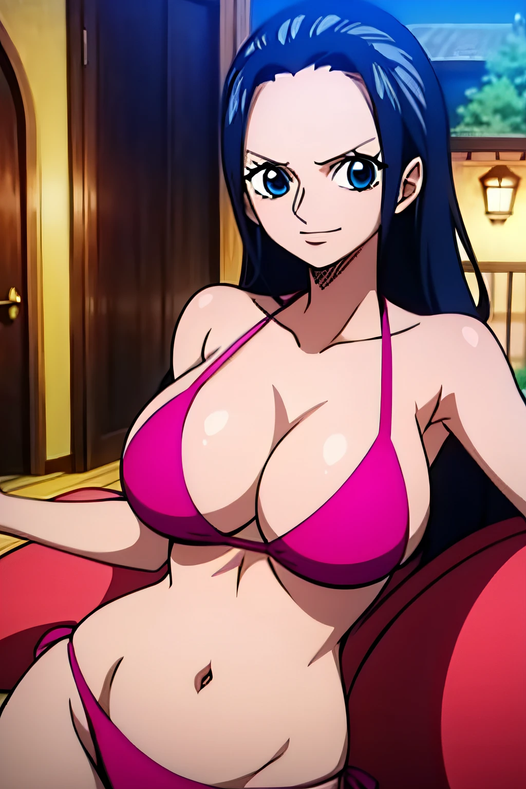 Robin de One Piece, pose sexy, Y si , Elly, Sari rojo, 8k, anime, ribera, teta grande, grande, Se ve sexy perfecta calidad ojos ojos azules, bikini rosa, pink bikini, bed, house, night, blue eyes,