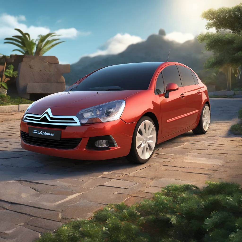 Create a Pixar-style banner featuring a Citroen C4 VTR car in Brazil, ano 2008, 2 portas, carroceria preta, rodas brancas brilhantes, with rear airfoil, Upper front view, na cor preta.