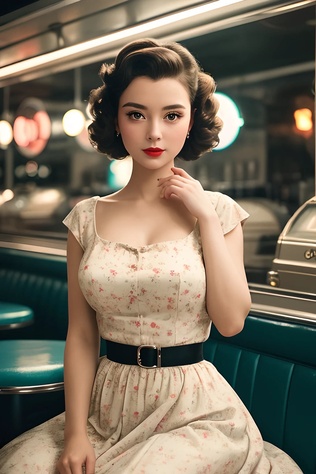 filmg, 1girl dressed in a 1950s-inspired dress, complete with a full skirt and petticoat, her hair styled in classic pin curls. She should be seated at an old-fashioned diner, surrounded by vintage details like a jukebox, chrome accents, and neon signs. Her eyes should be sparkling with excitement, her skin flawless and glowing under the soft, dramatic lighting. This scene should be captured on 35mm film, with a beautiful depth of field and a slightly blurry, nostalgic background