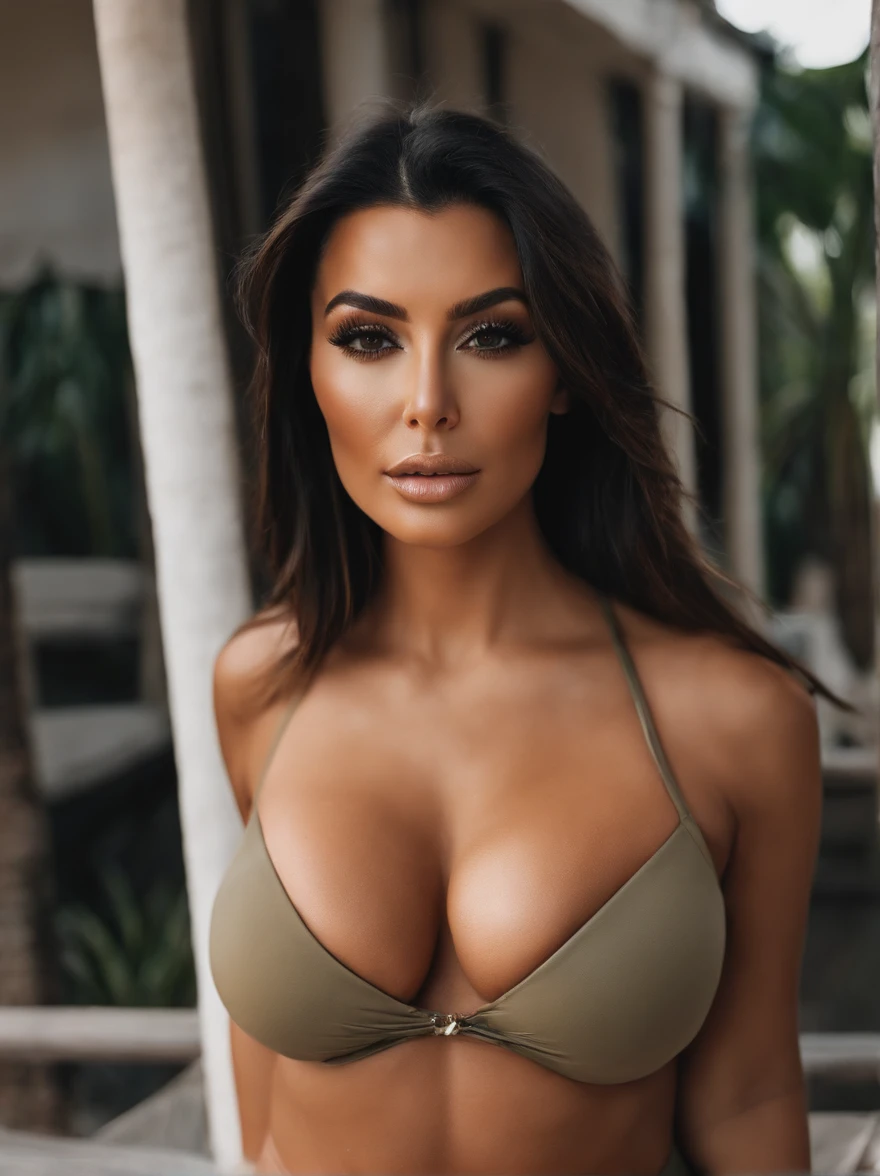 kim kardashian face, low cut t-shirt, string bikini