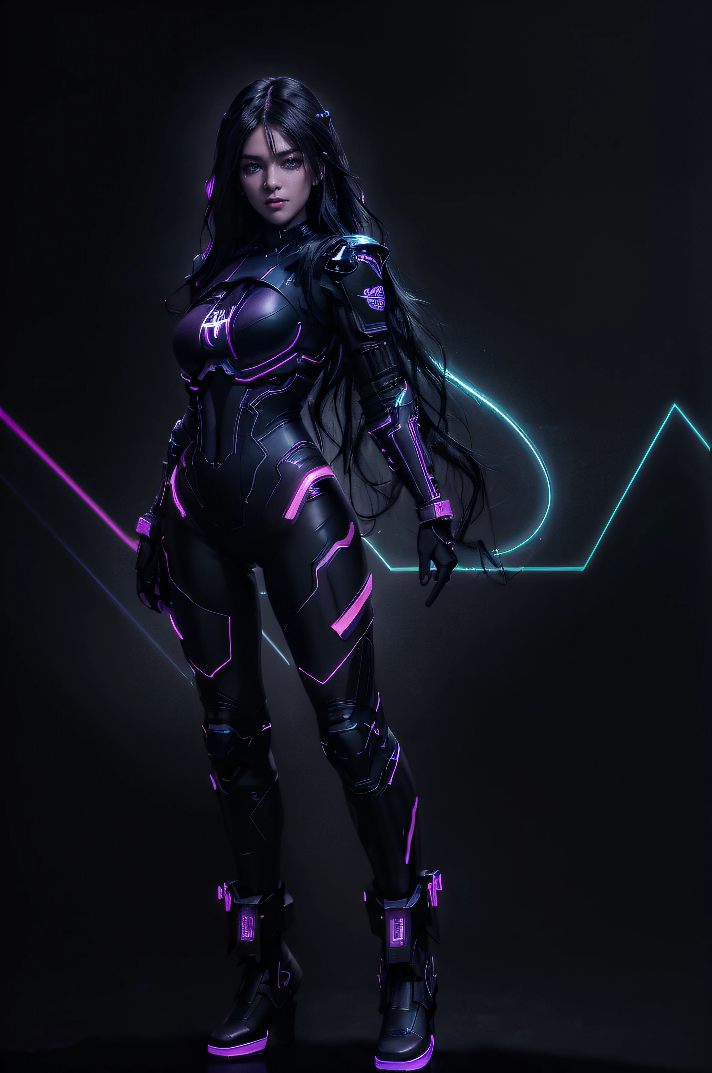 (black long wavy hair with blue and purple neon lighting:1.2),(full body photo:1.2) Best image quality, Masterpiece, Ultra-high resolution, (Fidelity:1.4), ((cyber punk personage)), Mila Kunis, deep cleavage, large breasts, cyber outfit, Futuristic, ((Award-winning ultra-realistic photos)),(Hyper-detailing),(Complicated details),(High resolution CGI artwork 8k), LED light, atmospheric lighting, illuminated by neon lights, (dark city night black background:1.4)