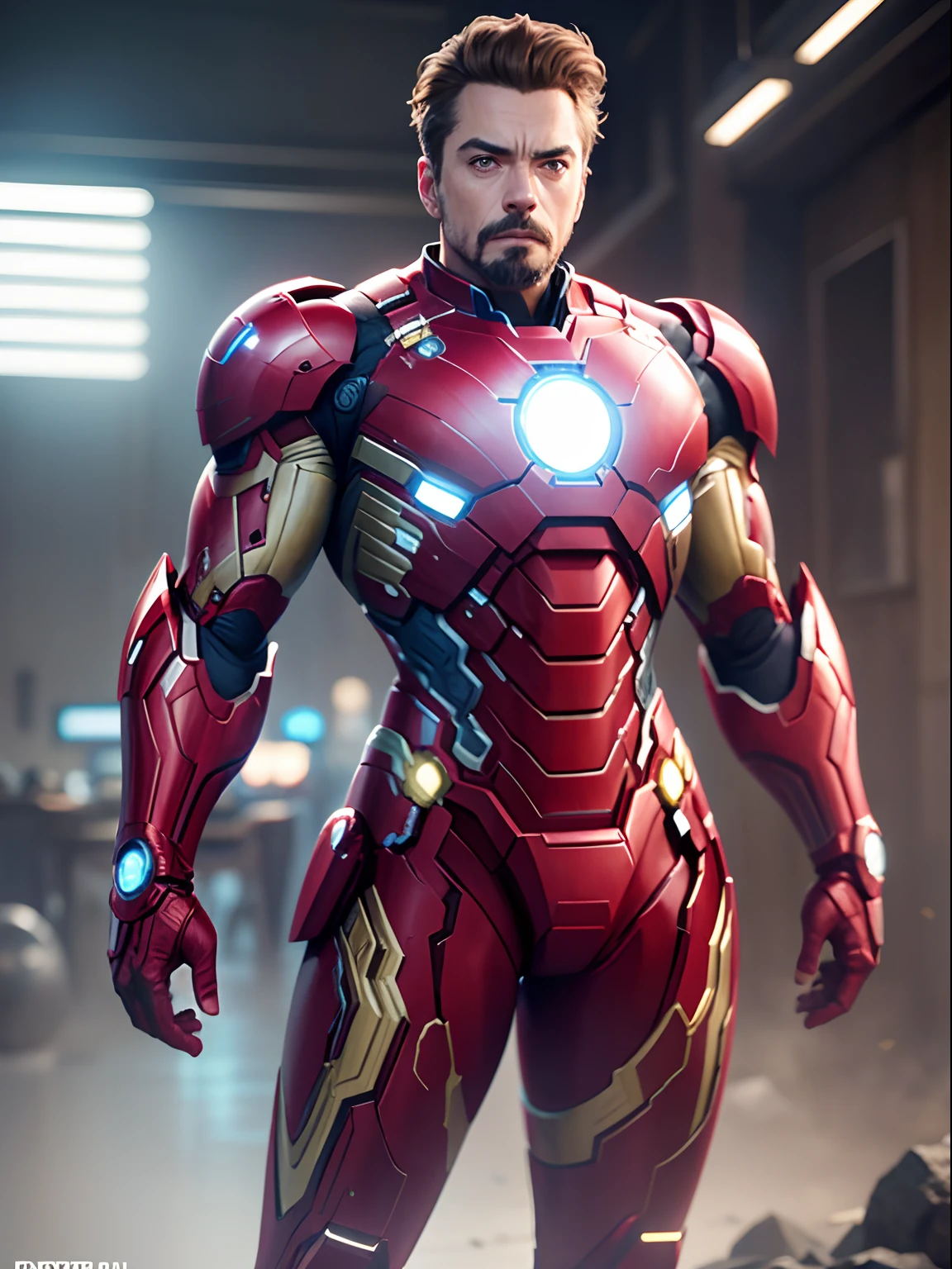 Homem de ferro- azul homem branco , de barba, cabelo curto crespo, belas artes, ps5 cinematic screen capture, com rosto do Robert Downey Jr., Standing in front - with iron man armor, detailed cinematic render, raytricing ultra fotorrealista |, with cinematic lighting --auto --s2