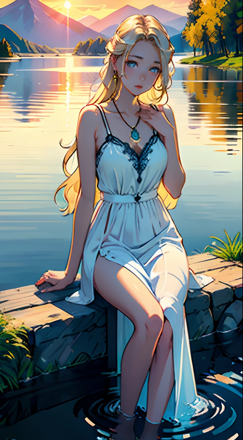 1 girl, serene expression, mesmerizing eyes, straight long hair, flowing dress, poised posture, porcelain skin, subtle blush, crystal pendant
BREAK
golden hour, (rim lighting):1.2, warm tones, sun flare, soft shadows, vibrant colors, painterly effect, dreamy atmosphere
BREAK
scenic lake, distant mountains, willow tree, calm water, reflection, sunlit clouds, peaceful ambiance, idyllic sunset, ultra detailed, official art, unity 8k wallpaper
, zentangle, mandala