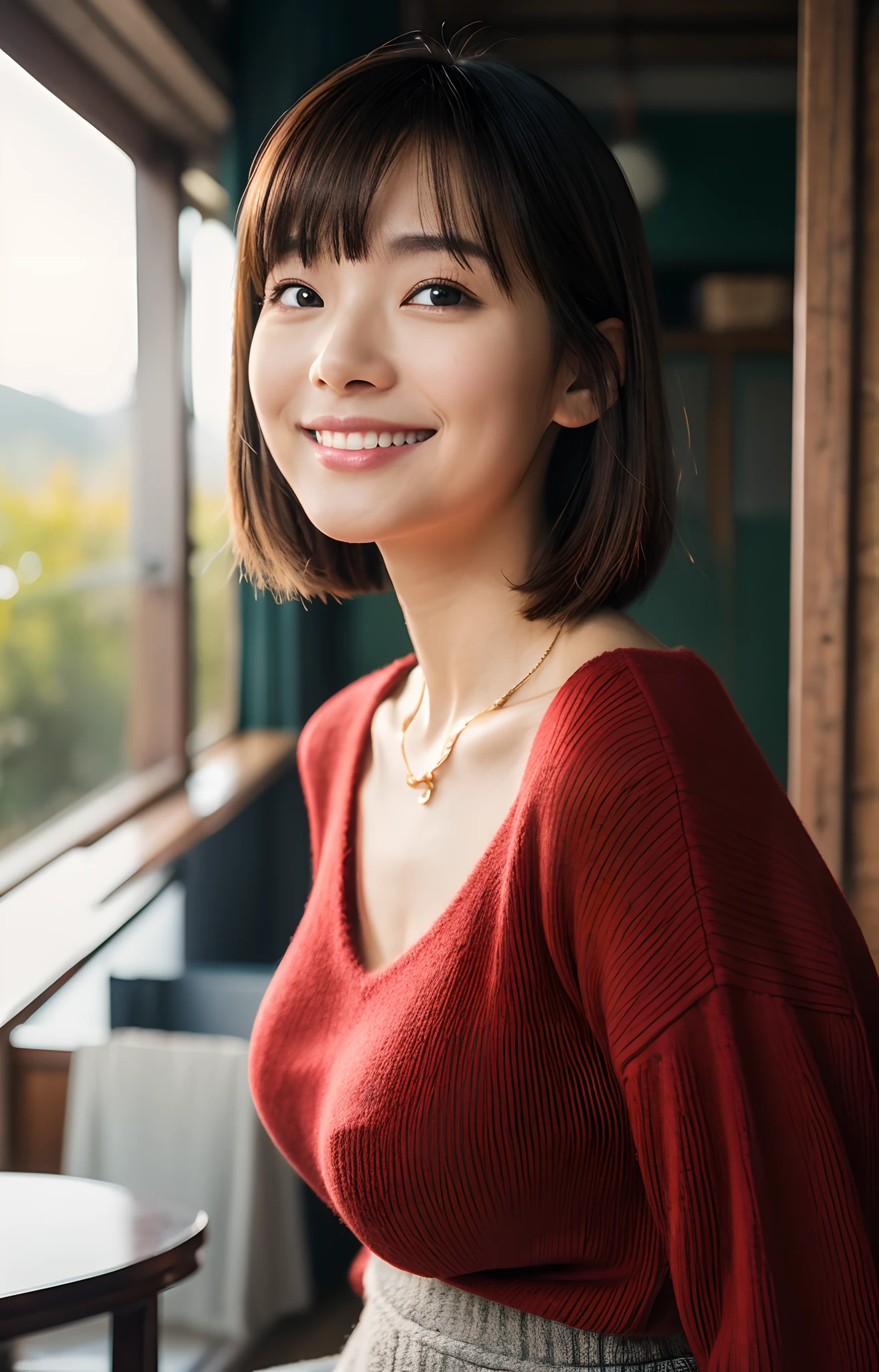 8K、top-quality、masterpiece、超A high resolution、a picture、Beautiful Japan female elegance、There is a good、Transparent atmosphere、sexy lip、oblique bangs、Beautiful face、Very short、short-cut、short-hair、Putting hair together、Making bangs、smil、chubby lips、natural soft light、1girl in、de pele branca、Look into the distance、Duck mouth、Hanging eyes、Thin thin eyebrows、Brown-eyed、tall、a large bust、the shape of the breast is clearly visible、pureerosface、cowboy shot、a necklace、wrist watch、24 year old、Wine red color、Crimson knitwear、V-neck knit T-shirt、cashmere、long-sleeve、High Stretch、Physically fit、Calm fashion、Tight、Futomo、Whip body、skirt by the、VNeck knit、long-sleeve、Breasts are big、Smile、Classroom、early evening、With the blackboard behind you、