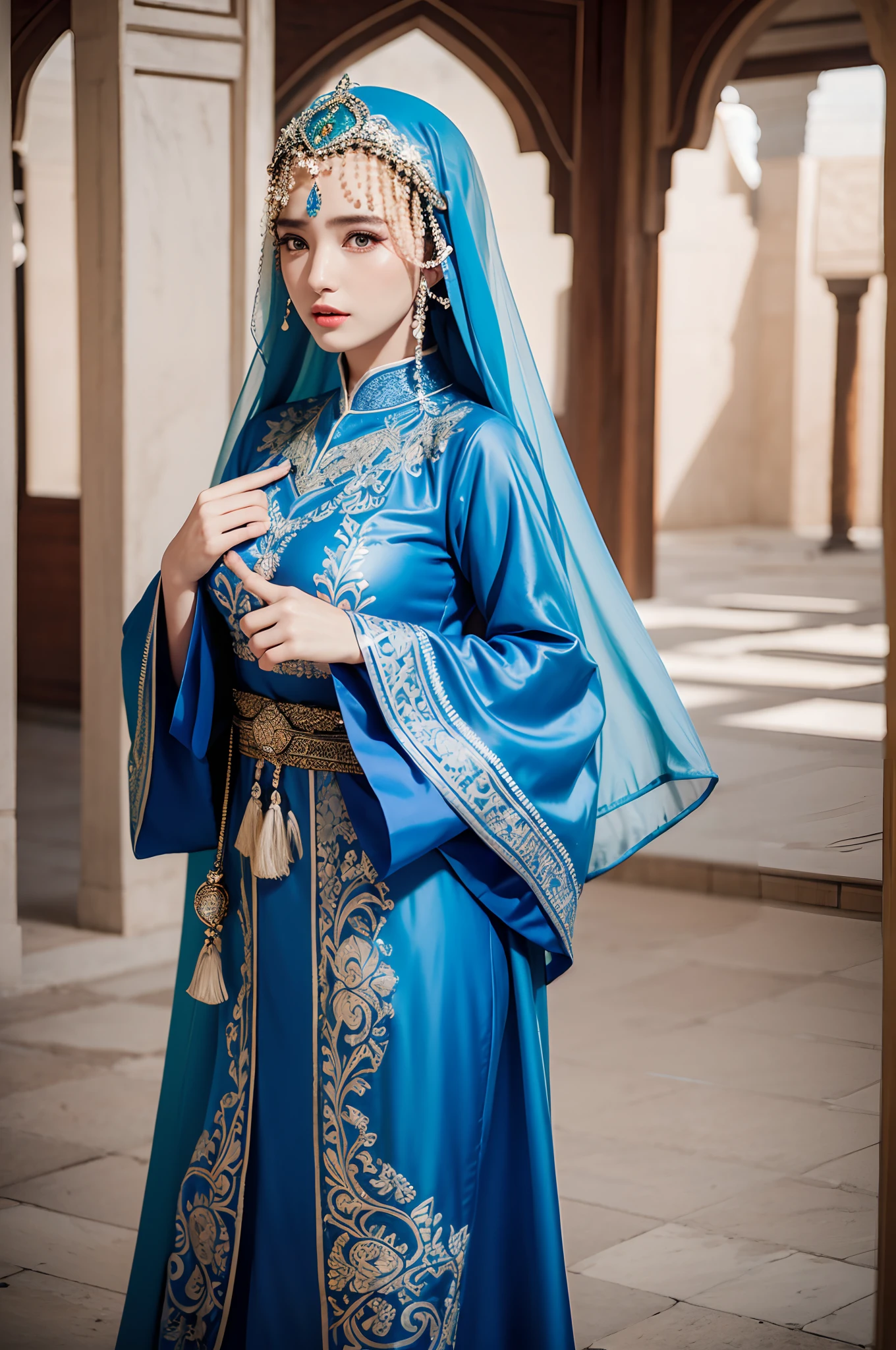 modelshoot,Islamic Kaftan Marokan Ultra Real Ultra Detail Dynamic Shot Masterpiece Scene Sharp Detail Uyghur