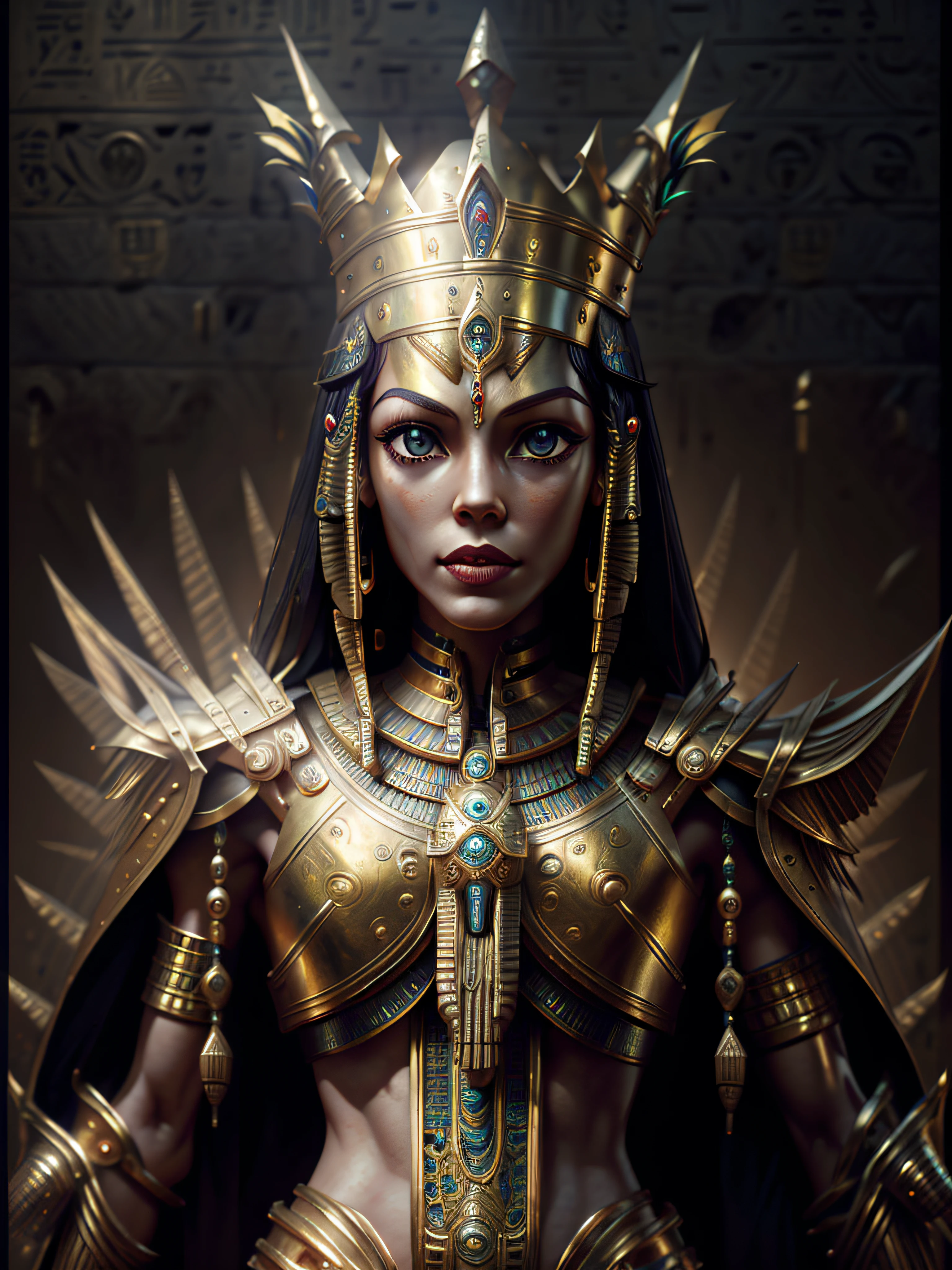 detailed face, 1girl, queen, sit, crossing leg thrones
crown
egyptian
royal armor
glowing jewelries
dark room
dramatic light (night, aurora:1.1), oblique light, Transparent of light detailed background, items, masterpiece, best quality, , absurdres, (intricate details, hyperdetailed, full body, perspective from below), good anatomy
(art by Gabriele
Dell'otto Alex Maleev)