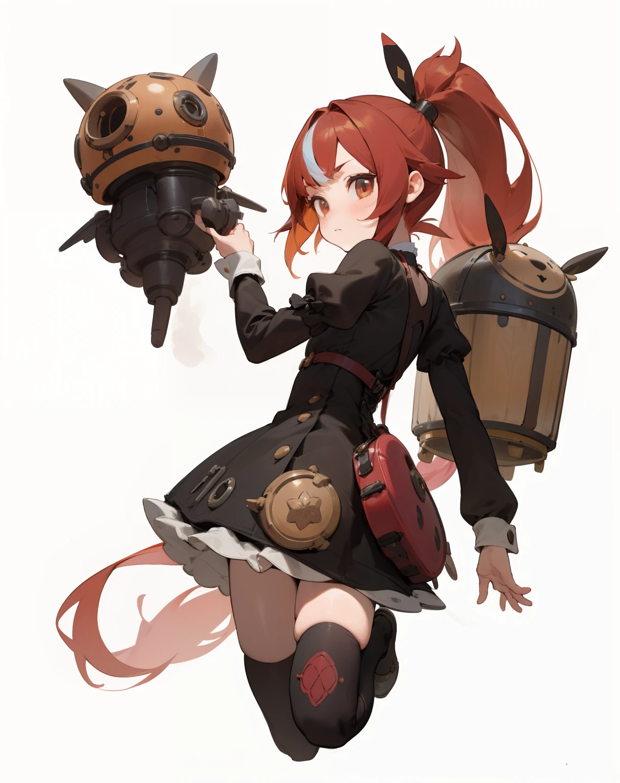 1GIRL, one girl, cute girl, finely detailed, (best quality), (intricate details), cute style, loli, robot pokémon trainer, steampunk style, multicolored, ((long red hair in long ponytail)), best quality, ((short puffy long sleeve dress)), ((black dress)), ((white thigh high socks)), ((round eyes)), beautiful face, cute face, pinup, perfect face, simple background portrait, full body