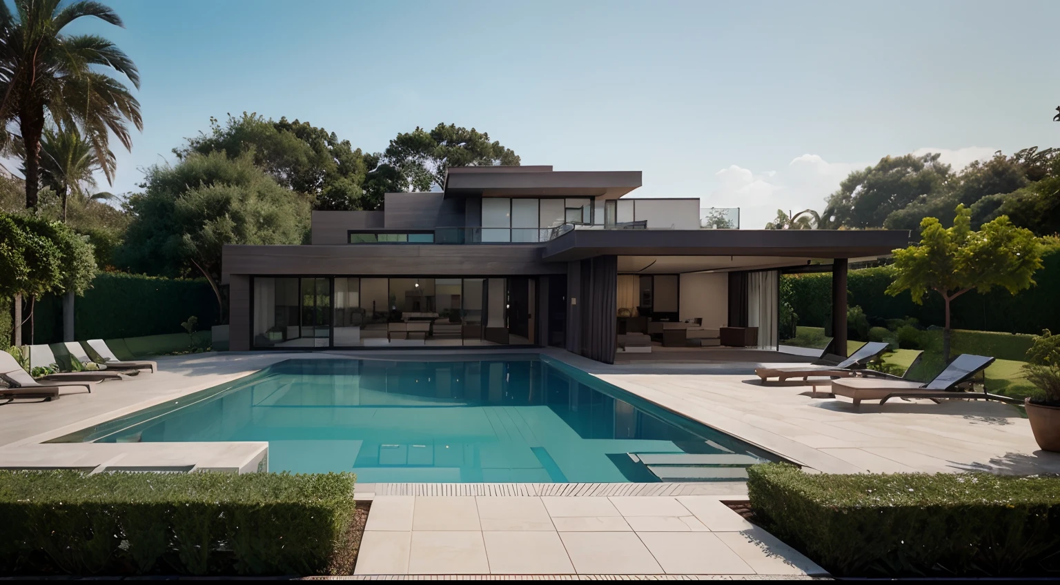 Organic modern architecture on a fairly large plot, There is a swimming pool in the middle of a large one-story house, cor da casa em vigas marrom chocolate e preto, large modern residence, telhados planos e jardim, render luxcore, render oktane, a photorealistic rendering, architectural render, mantra rendering, architectural render, realism rendering, architectural visualisation, piscina de bem-estar, architectural visualisation, grandes zonas verdes, com pequenas zonas de flores de lavanda, arbustos verdes tipo exuberante jardim verde, swimming pool embedded in an area of sand, oliveiras e pinheiros ao redor da casa