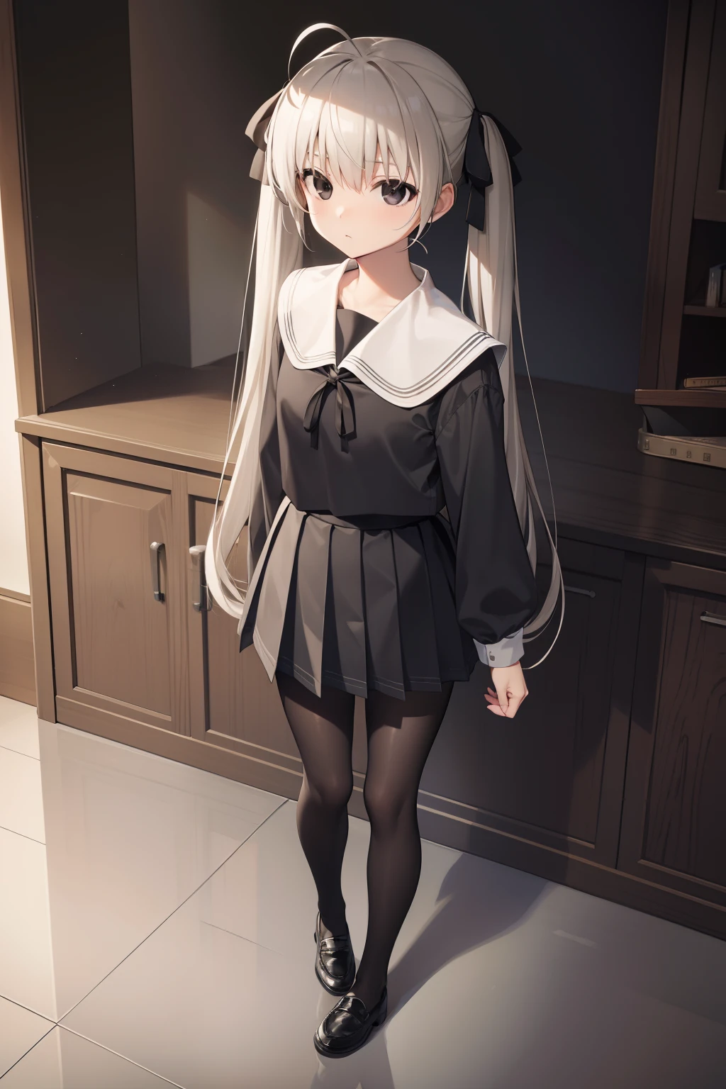sorakasugano, sora kasugano, ahoge, (black eyes:1.5), hair between eyes, hair ribbon, long hair, twintails, black ribbon, white hair, (flat chest:1.2), BREAK black footwear, black pantyhose, grey ribbon, grey skirt, loafers, long sleeves, miniskirt, pantyhose, pleated skirt, sailor collar, school uniform, serafuku, shoes, skirt, white sailor collar, white serafuku, BREAK looking at viewer, BREAK indoors, BREAK (masterpiece:1.2), best quality, high resolution, unity 8k wallpaper, (illustration:0.8), (beautiful detailed eyes:1.6), extremely detailed face, perfect lighting, extremely detailed CG, (perfect hands, perfect ???????), ((standing))