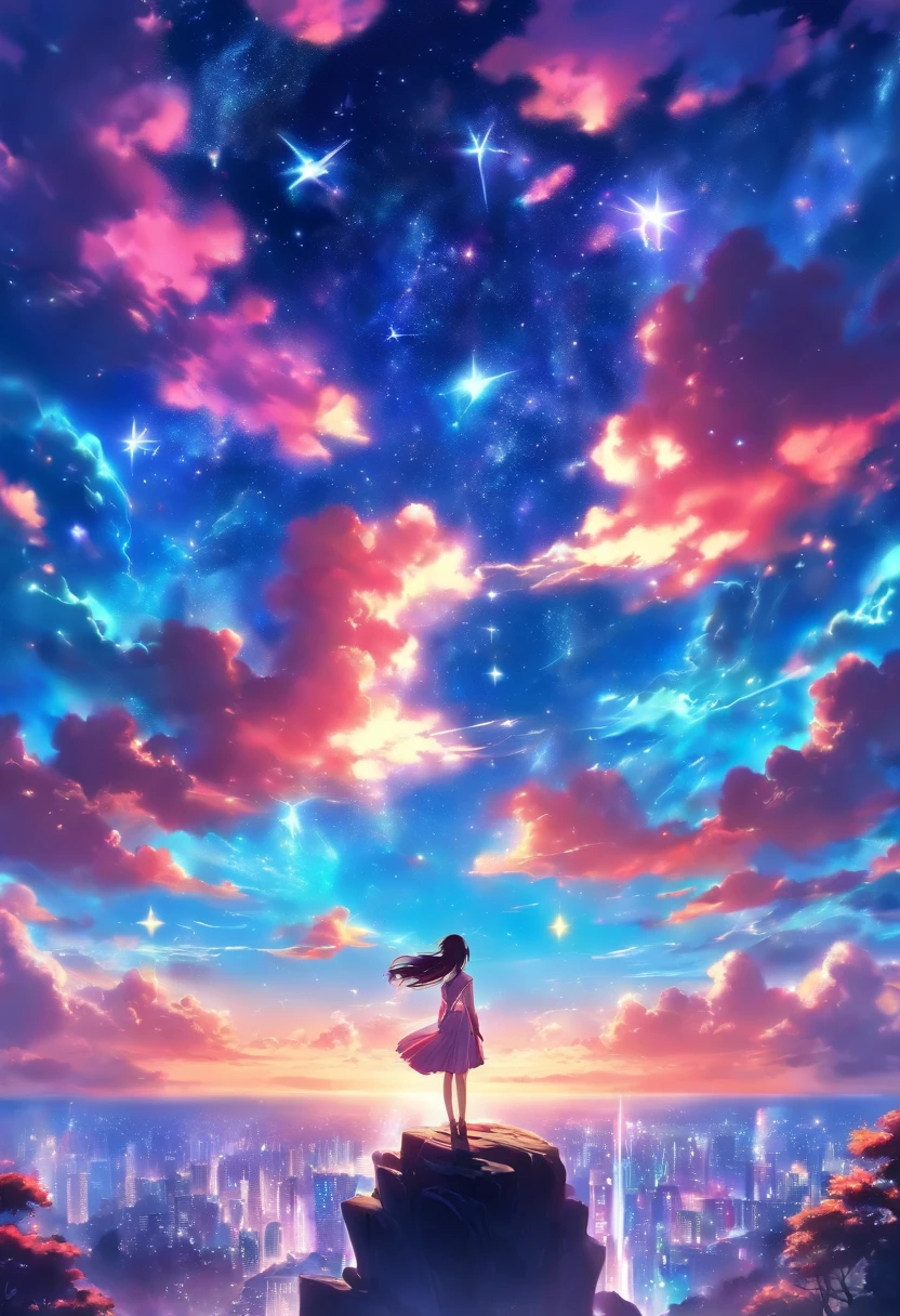 anime girl with a beautiful dress standing on a rock looking at a star filled sky, makoto shinkai cyril rolando, anime art wallpaper 4k, anime art wallpaper 4 k, anime art wallpaper 8 k, cosmic skies. by makoto shinkai, inspired by Cyril Rolando, in the style dan mumford artwork, amazing wallpaper, by Yuumei
