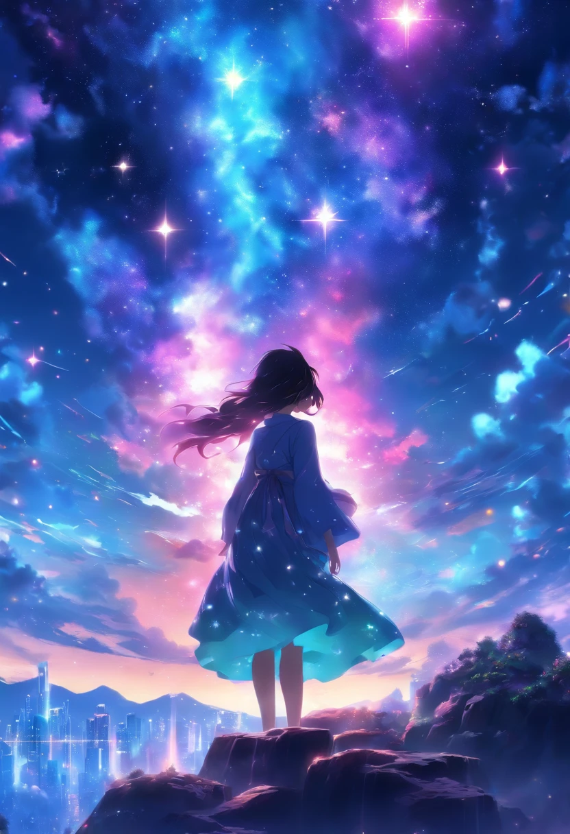 anime girl with a beautiful dress standing on a rock looking at a star filled sky, makoto shinkai cyril rolando, anime art wallpaper 4k, anime art wallpaper 4 k, anime art wallpaper 8 k, cosmic skies. by makoto shinkai, inspired by Cyril Rolando, in the style dan mumford artwork, amazing wallpaper, by Yuumei