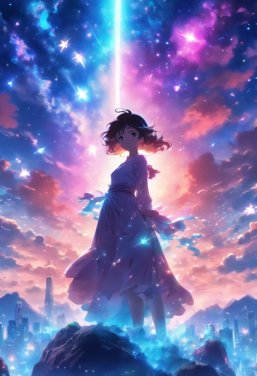 anime girl with a beautiful dress standing on a rock looking at a star filled sky, makoto shinkai cyril rolando, anime art wallpaper 4k, anime art wallpaper 4 k, anime art wallpaper 8 k, cosmic skies. by makoto shinkai, inspired by Cyril Rolando, in the style dan mumford artwork, amazing wallpaper, by Yuumei