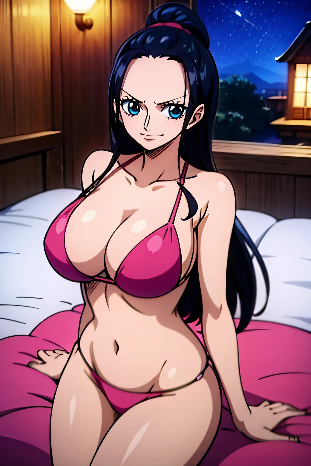 Robin de One Piece, Pose sexy, Y si , Elly, Premios rojo, 8k, anime, ribera, Gran Theta, grande, Se ve sexy perfecta calidad ojos ojos azules, Bikini rosa, Bikini rosa, cama, Casa, Noche