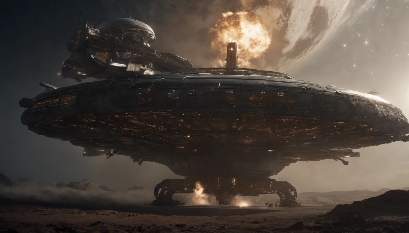 An astronauts back infront of a colossal mothership destroyer in space, computer background, cinematic, realism, crystal clear, micro-details, photorealism, photorealistic