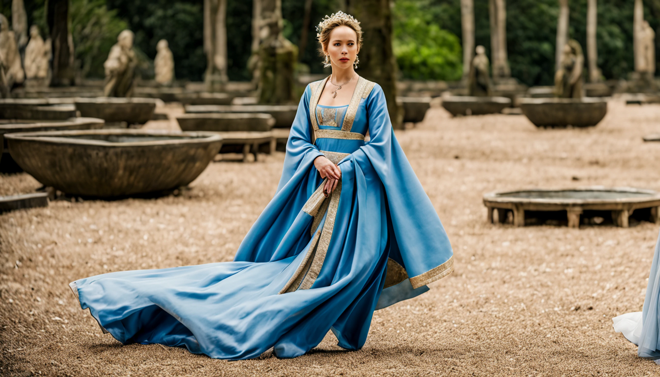 Mulher ( Jennifer Lawrence) espada em vestido azul antes da lua cheia, fantasia de conto de fadas, Mulher com cabelo longo e saia azul, Mulher bonita com uma coroa ((uma bela imperatriz fantasia)), espadachim de fada de corpo inteiro, palace, Mulher em Hanfu, inspirado em Lan Ying, fantasia de conto de fadas, espadachim de fadas, Kurosawa Nishiya, pintura de figura bonita