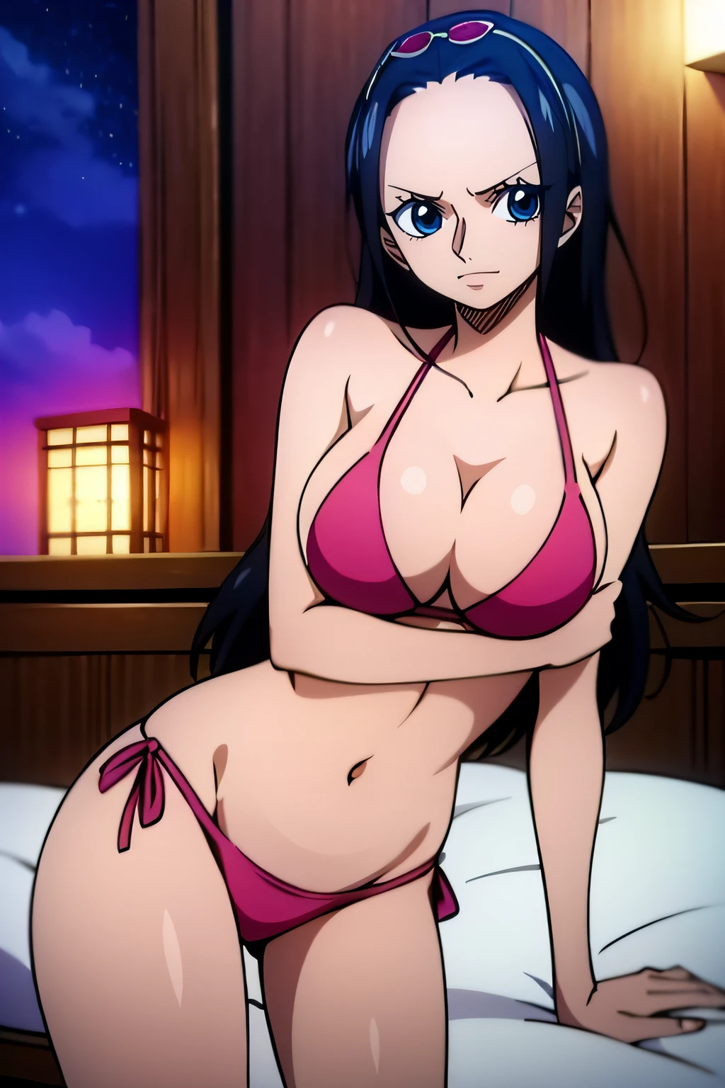 Robin de One Piece, Pose sexy, Y si , Elly, Premios rojo, 8k, anime, ribera, Gran Theta, grande, Se ve sexy perfecta calidad ojos ojos azules, Bikini rosa, Bikini rosa, cama, Casa, Noche