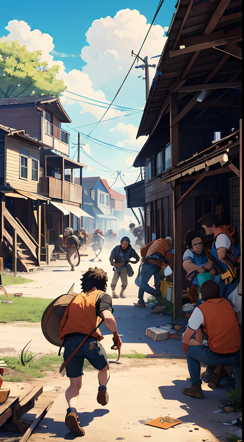 Create a drawing that shows the Gang's arrival in town. beating people, destroying stuff,