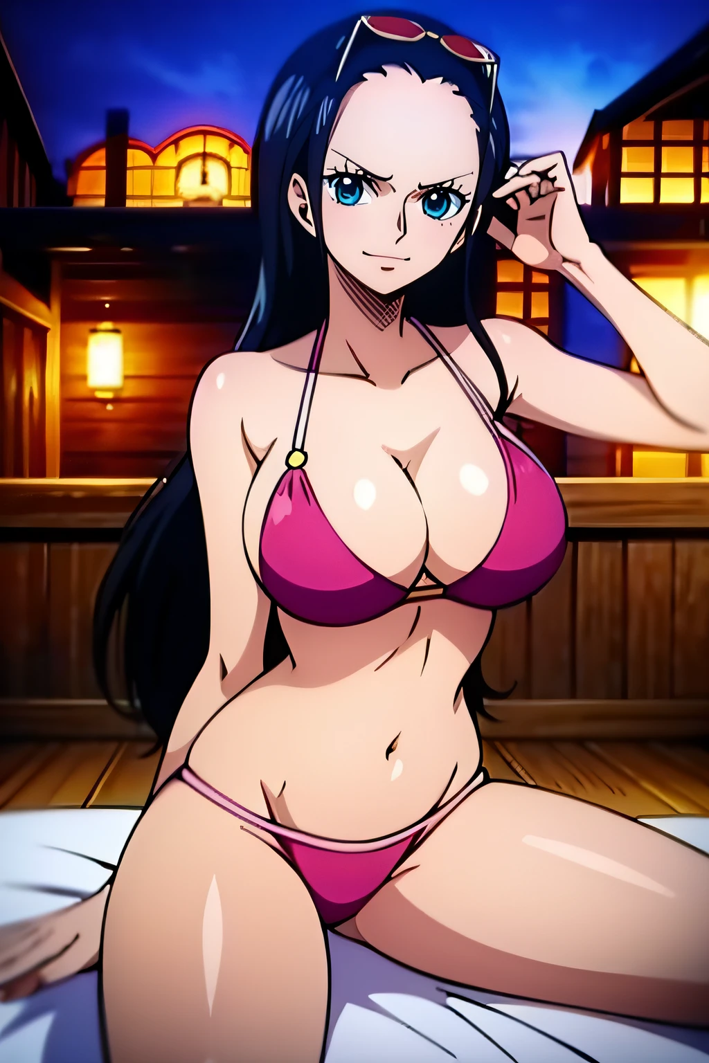 Robin de One Piece, Pose sexy, Y si , Elly, Premios rojo, 8k, anime, ribera, Gran Theta, grande, Se ve sexy perfecta calidad ojos ojos azules, Bikini rosa, Bikini rosa, cama, Casa, Noche