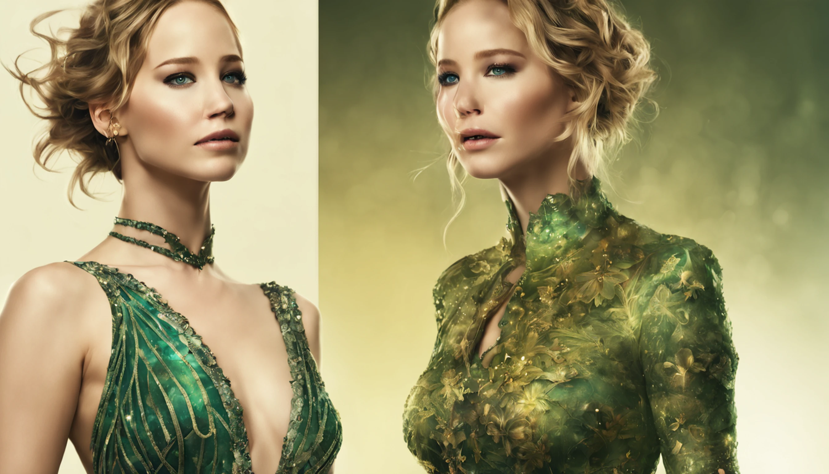 Mulher "Jennifer Lawrence" de Arad no vestido verde claro e com detalhes em preto e dourado, uma bela imperatriz fantasia, palace，imagem detalhada de corpo inteiro, ((uma bela imperatriz fantasia)), pintura de personagem bonita, por Yang J, Mago Celestial Lindo, linda donzela fantasia, inspirado em Lan Ying, estilo de arte de fantasia,  (master part:1.0), (melhor qualidade:1.4), (ultra-highresolution:1.2), (Delicate Illustrations:1.4),(8k, Foto RAW:1.2), (Foco suave:1.4),